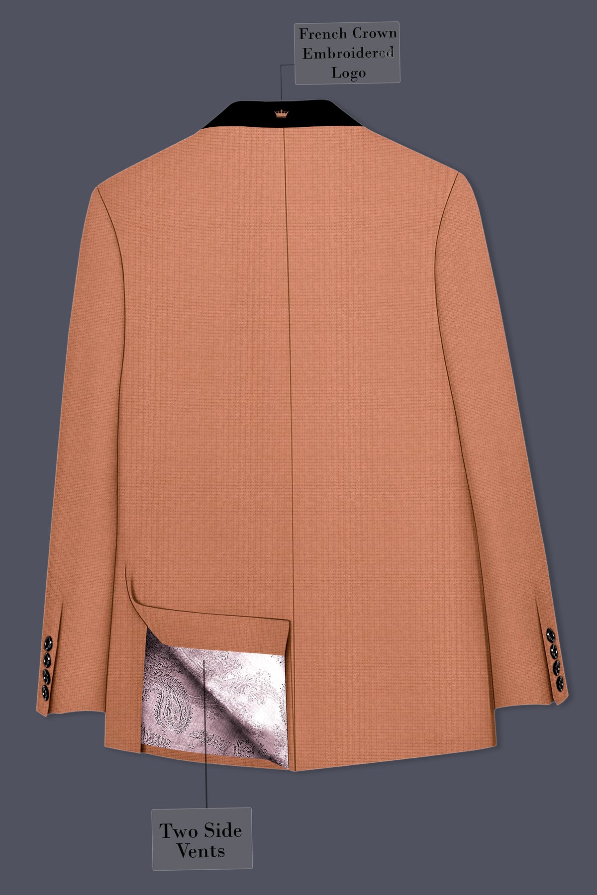 Terracotta-Salmon Brown Diamond Textured Wool Rich Slight Stretch Tuxedo Blazer