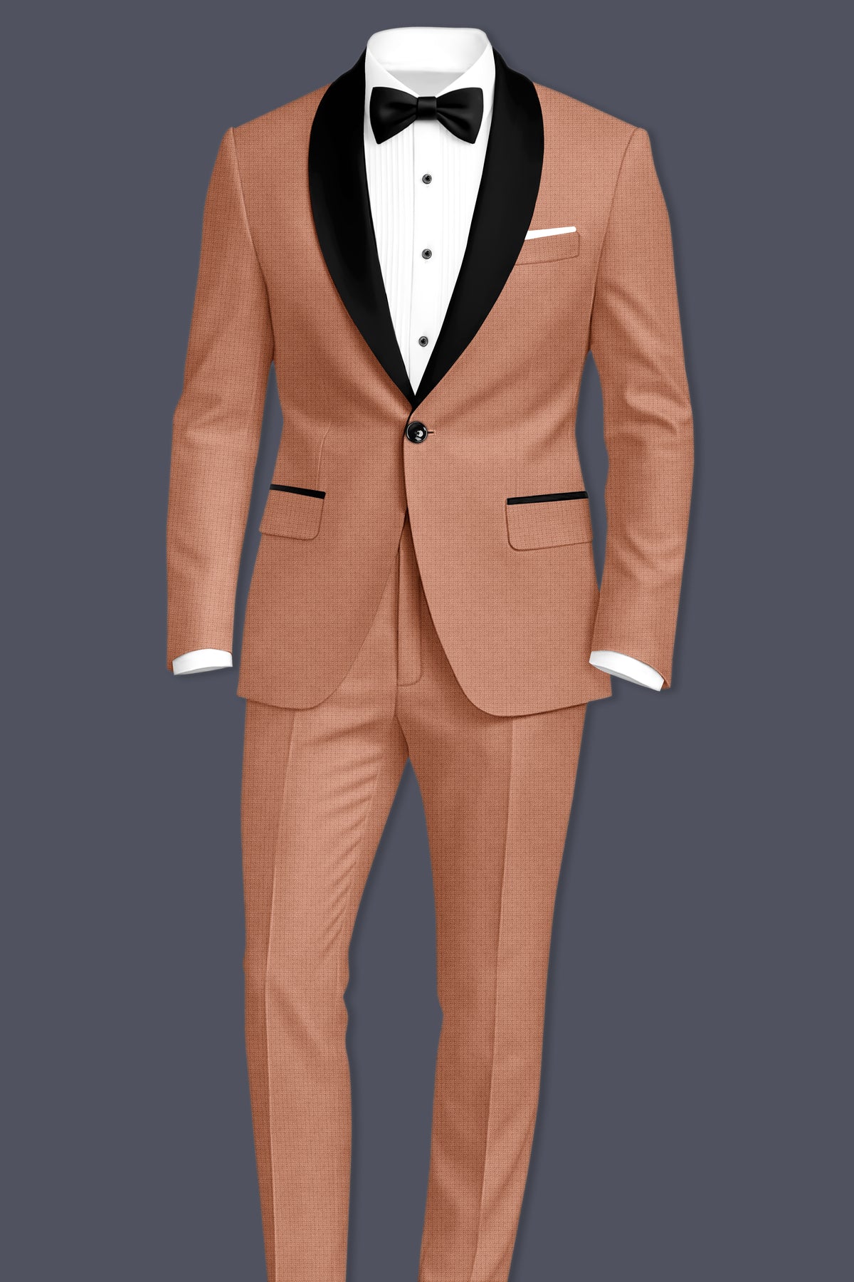 Terracotta-Salmon Brown Diamond Textured Wool Rich Slight Stretch Tuxedo Blazer