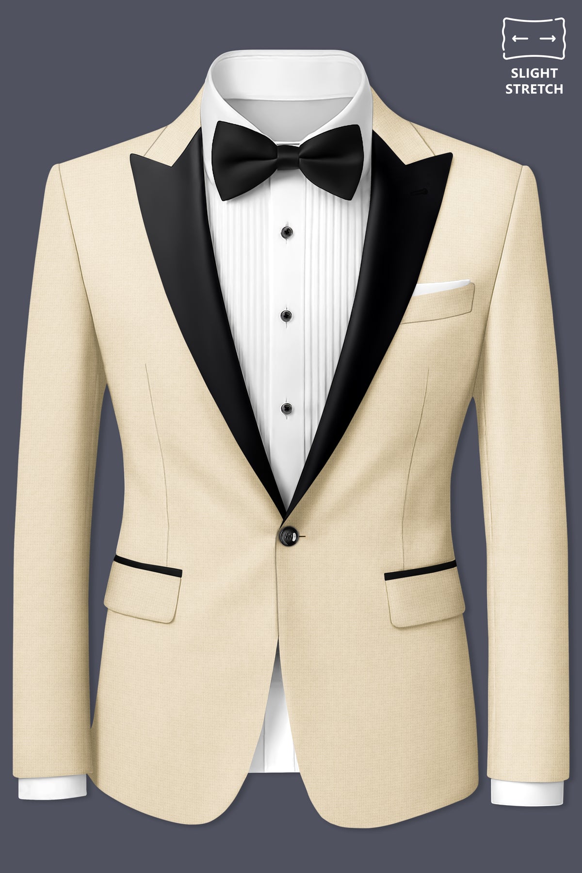Alabaster-Vanilla Cream Diamond Textured Wool Rich Slight Stretch Peak Lapel Tuxedo Blazer