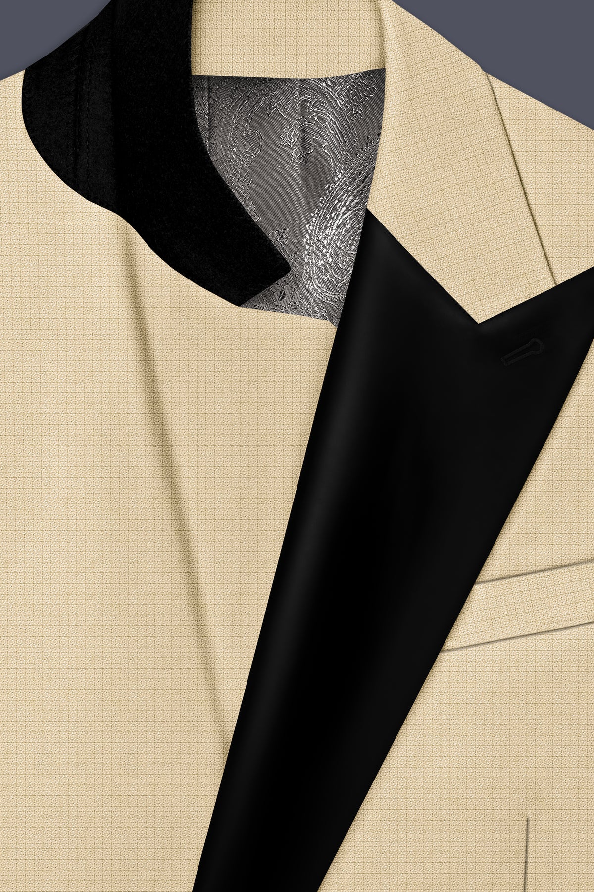 Alabaster-Vanilla Cream Diamond Textured Wool Rich Slight Stretch Peak Lapel Tuxedo Blazer
