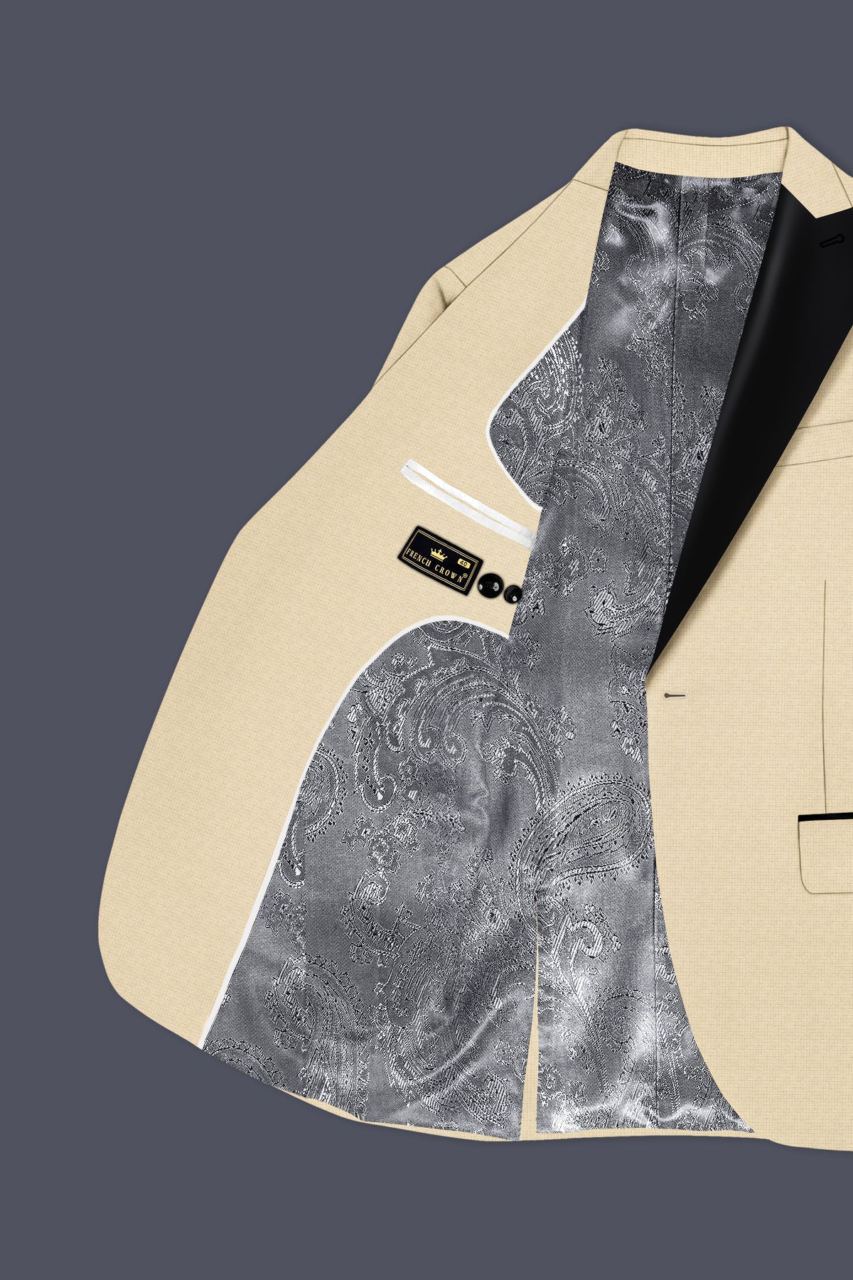 Alabaster-Vanilla Cream Diamond Textured Wool Rich Slight Stretch Peak Lapel Tuxedo Blazer