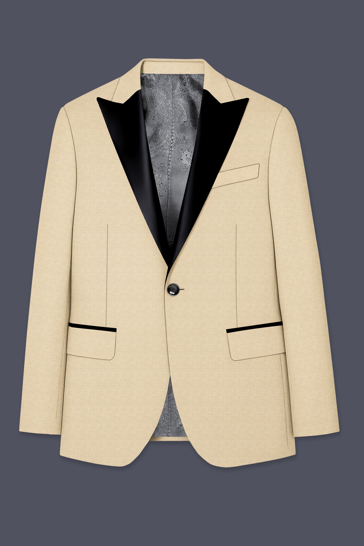 Alabaster-Vanilla Cream Diamond Textured Wool Rich Slight Stretch Peak Lapel Tuxedo Blazer