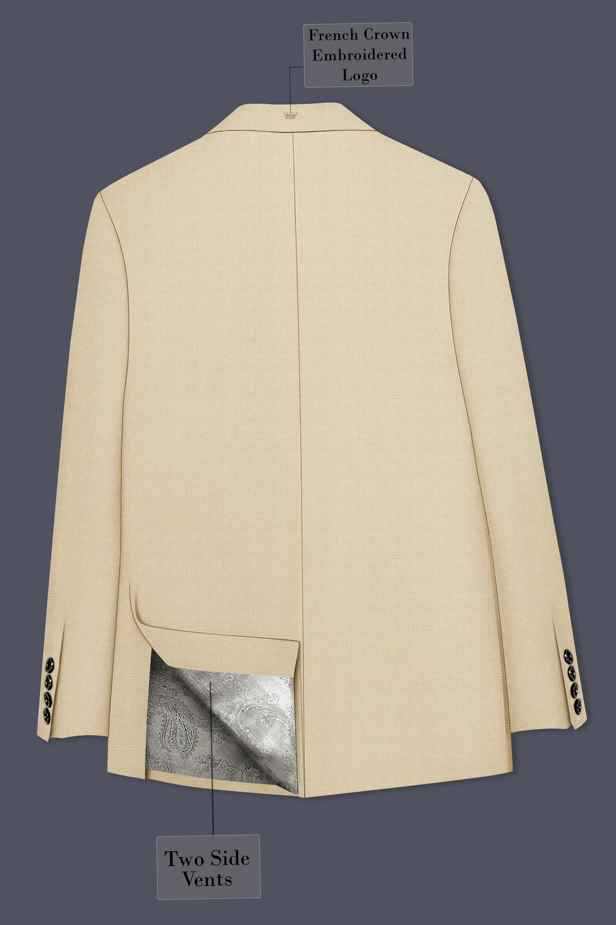 Alabaster-Vanilla Cream Diamond Textured Wool Rich Slight Stretch Peak Lapel Tuxedo Blazer