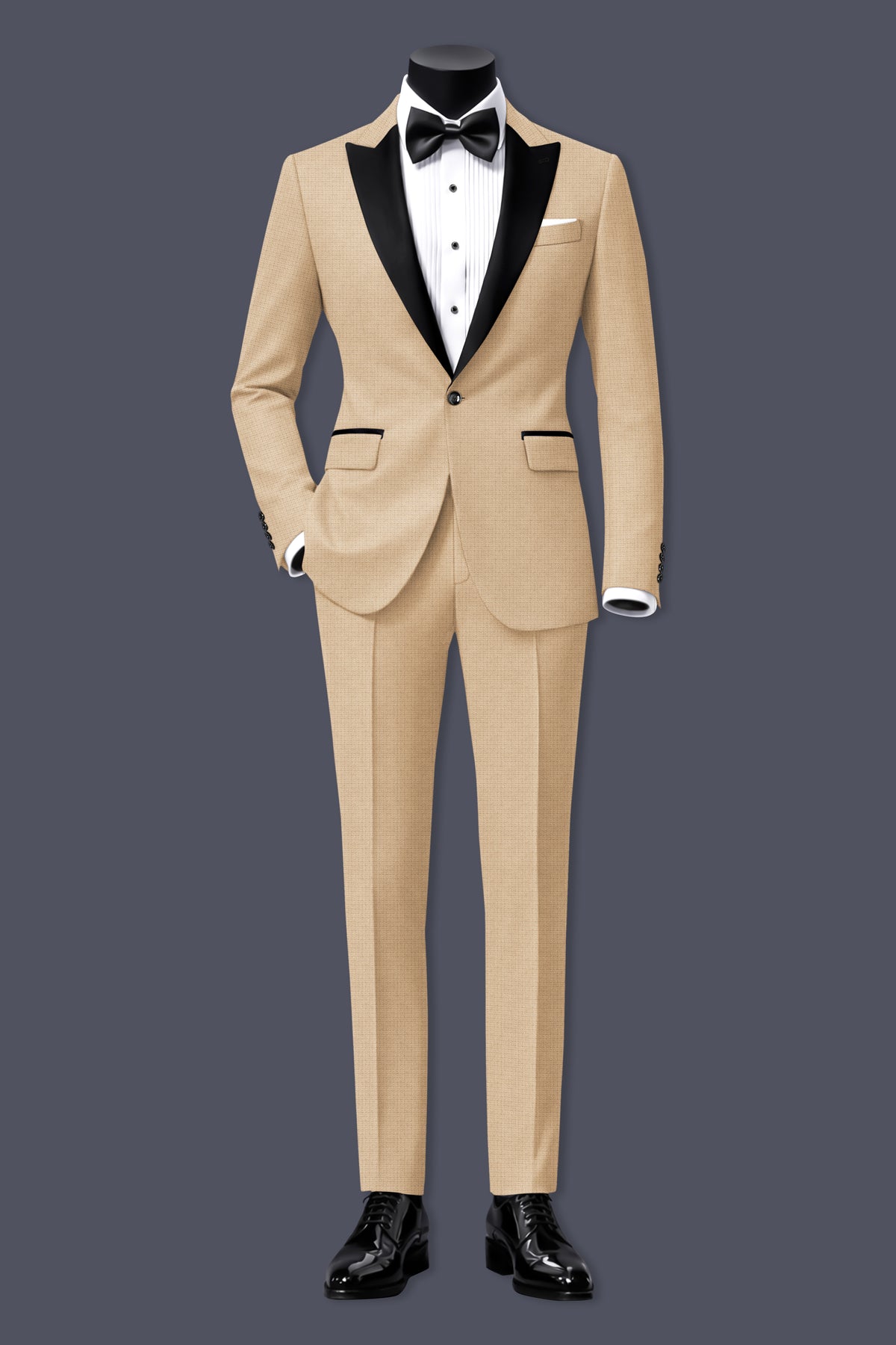 Mahogany-Pavlova Brown Diamond Textured Wool Rich Slight Stretch Peak Lapel Tuxedo Blazer
