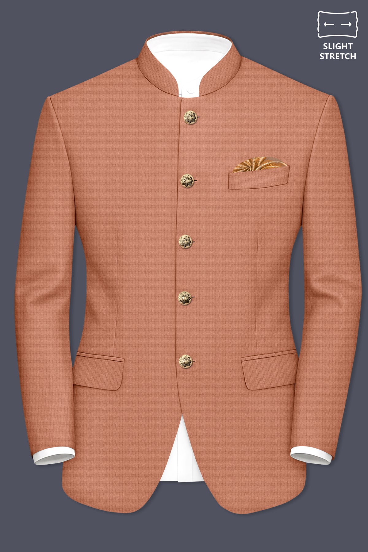 Terracotta-Salmon Brown Diamond Textured Wool Rich Slight Stretch Bandhgala Blazer