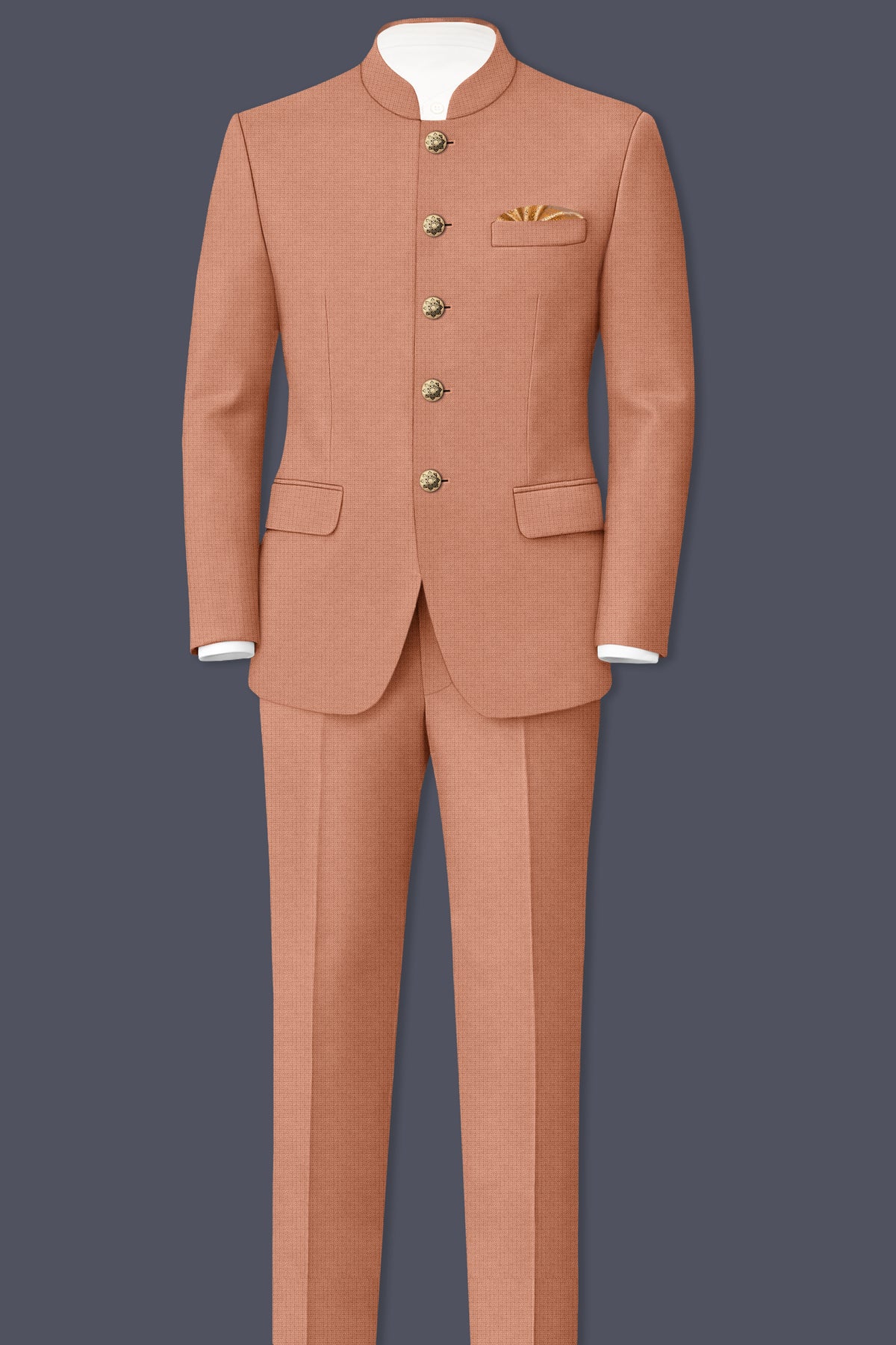 Terracotta-Salmon Brown Diamond Textured Wool Rich Slight Stretch Bandhgala Blazer