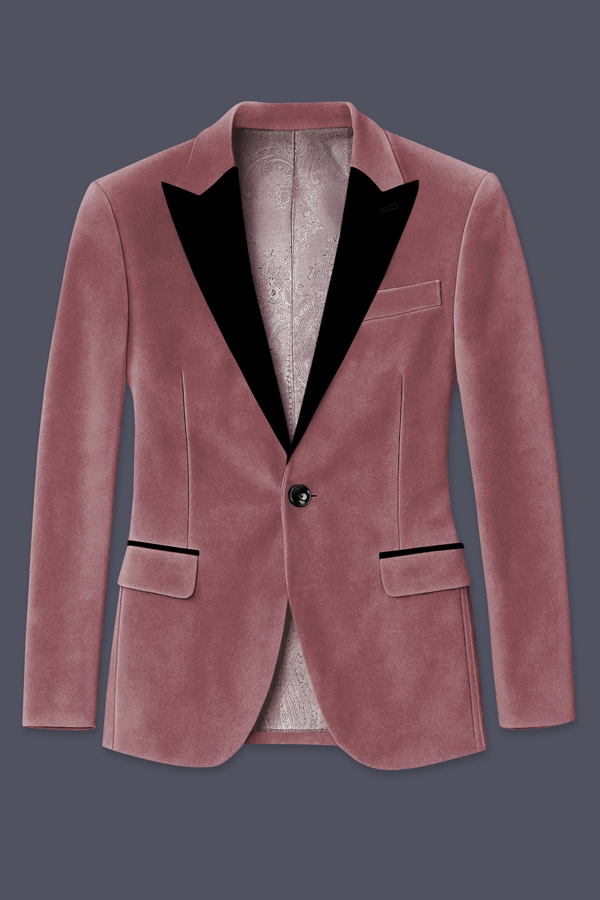Blush-Pastel Peach Velvet Peak Lapel Tuxedo Blazer