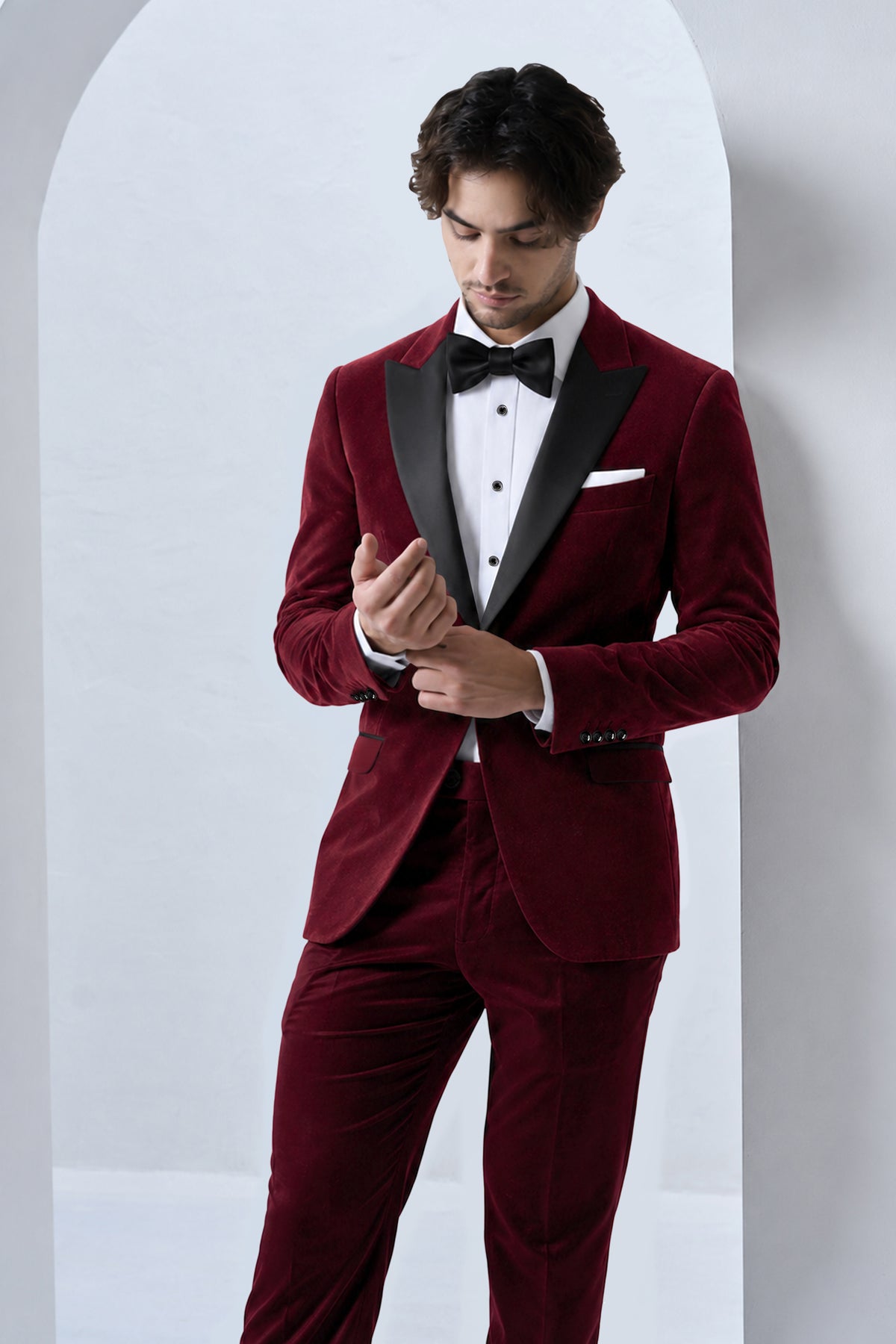 Aurelio-Aubergine Red Velvet Peak Lapel Tuxedo Blazer