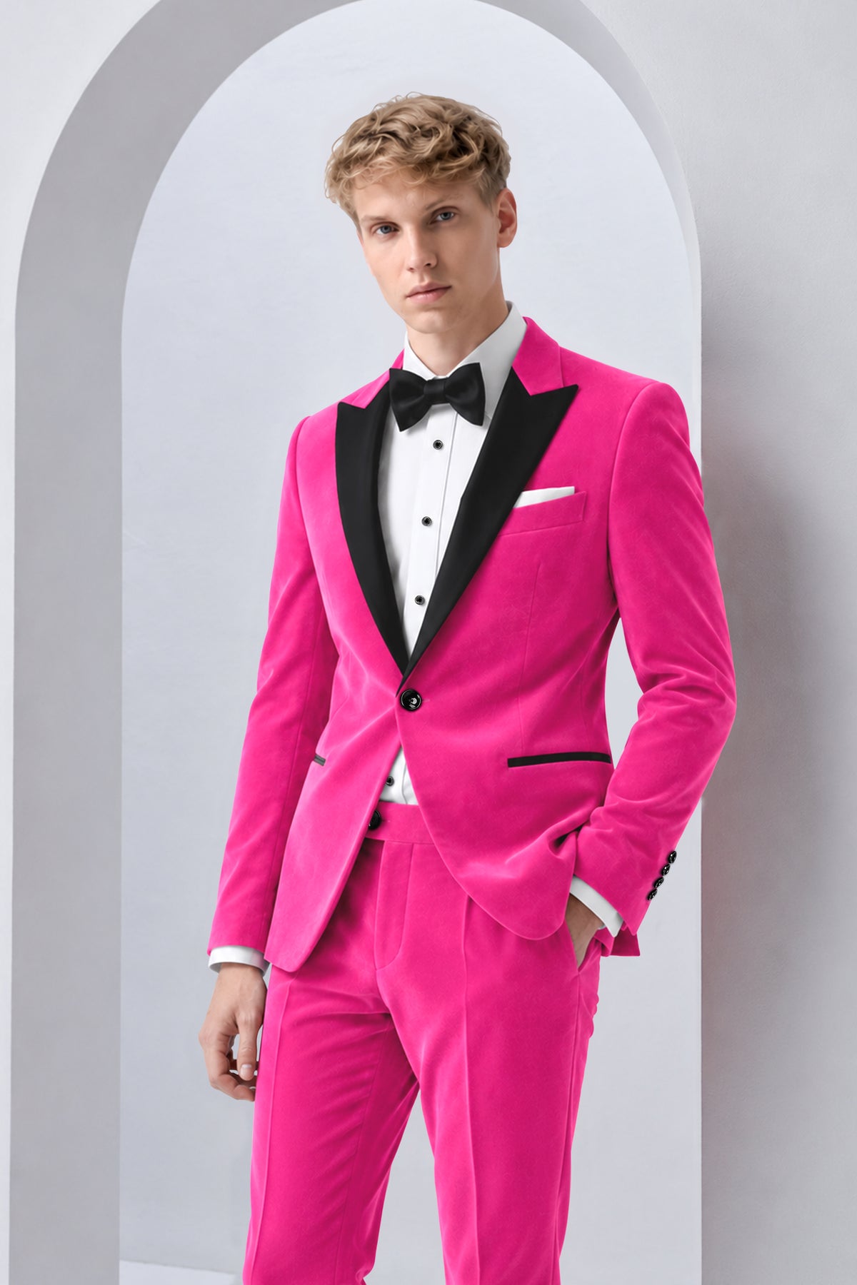 Roselle-Cerise Pink Velvet Peak Lapel Tuxedo Blazer