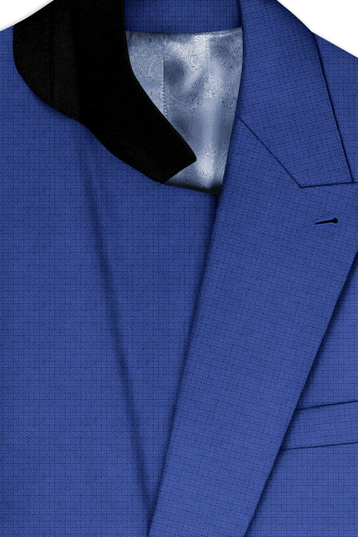Aurelio-Chambray Blue Diamond Textured Wool Rich Slight Stretch Double Breasted Blazer