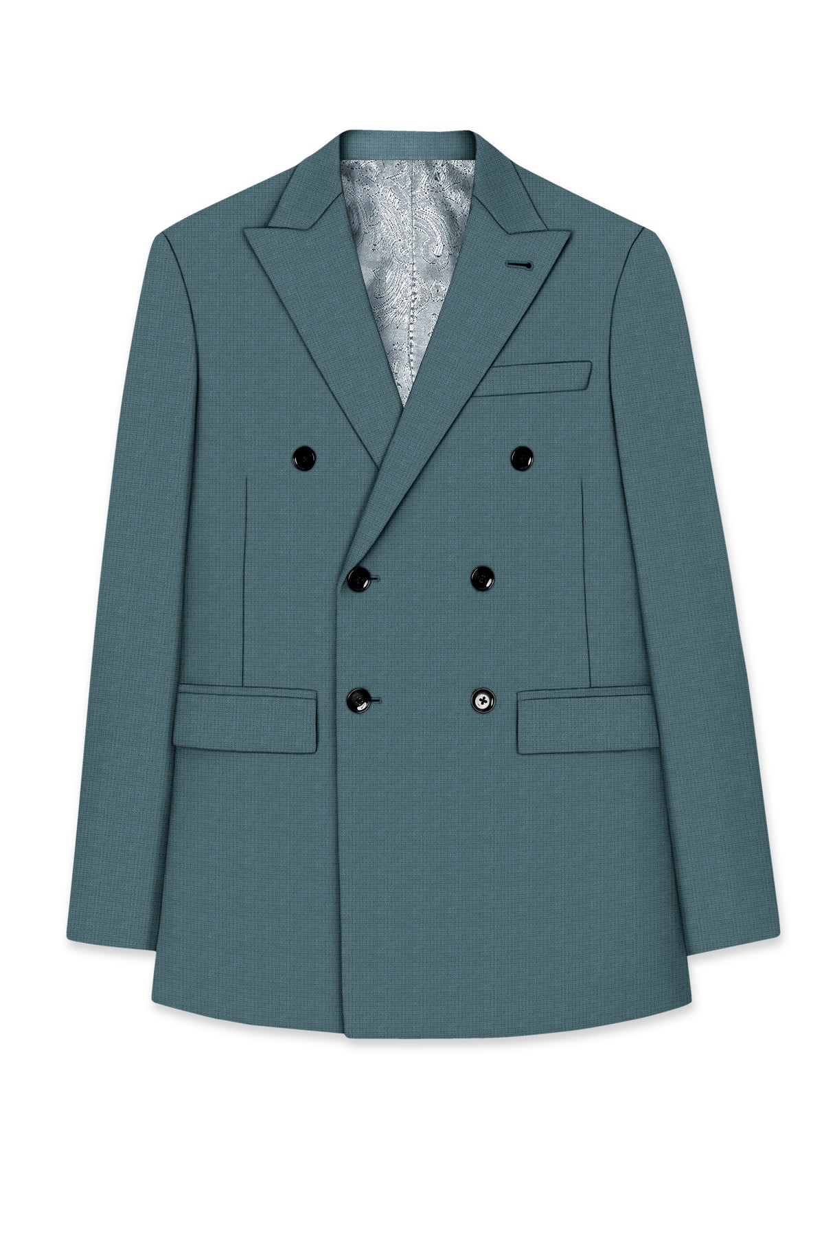 Viridian-Beetle Green Diamond Textured Wool Rich Slight Stretch Double Breasted Blazer