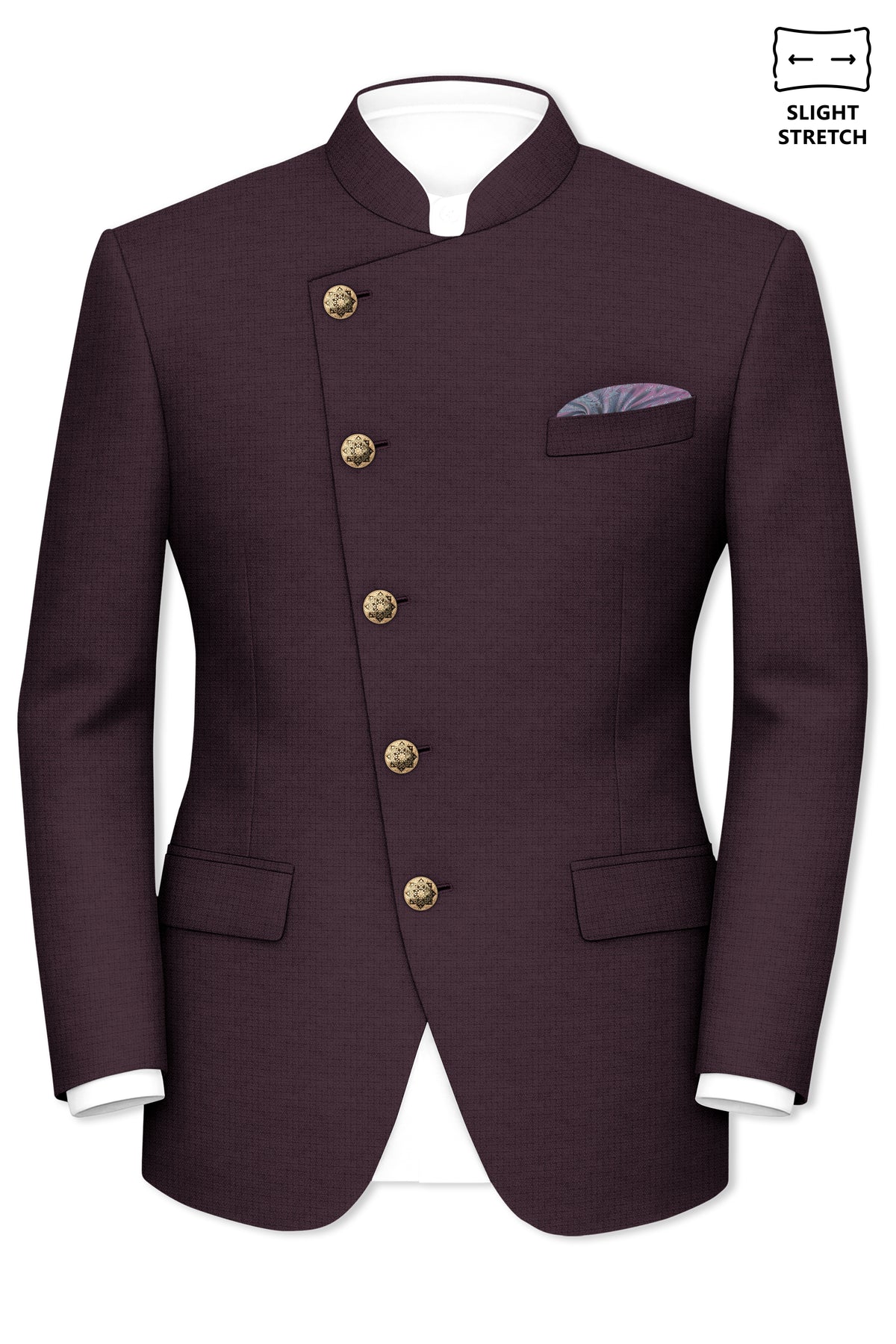 Velaris-Thunder Purple Diamond Textured Wool Rich Slight Stretch Cross Placket Bandhgala Blazer