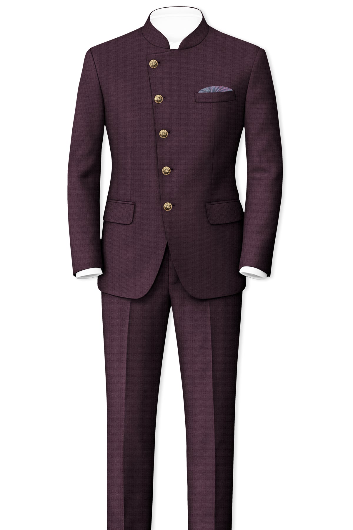 Velaris-Thunder Purple Diamond Textured Wool Rich Slight Stretch Cross Placket Bandhgala Blazer