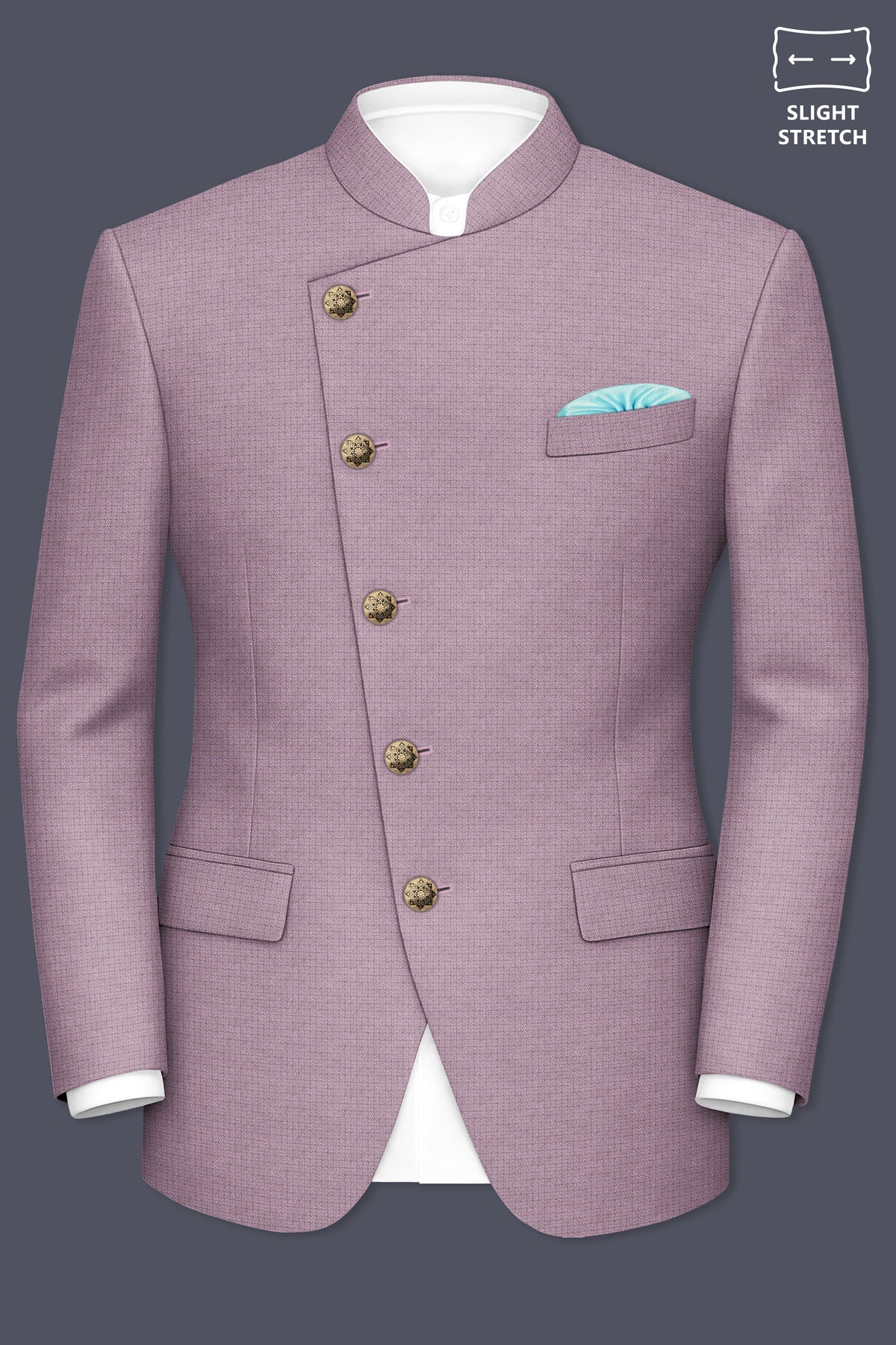 Regalia-Mountbatten Pink Diamond Textured Wool Rich Slight Stretch Cross Placket Bandhgala Blazer