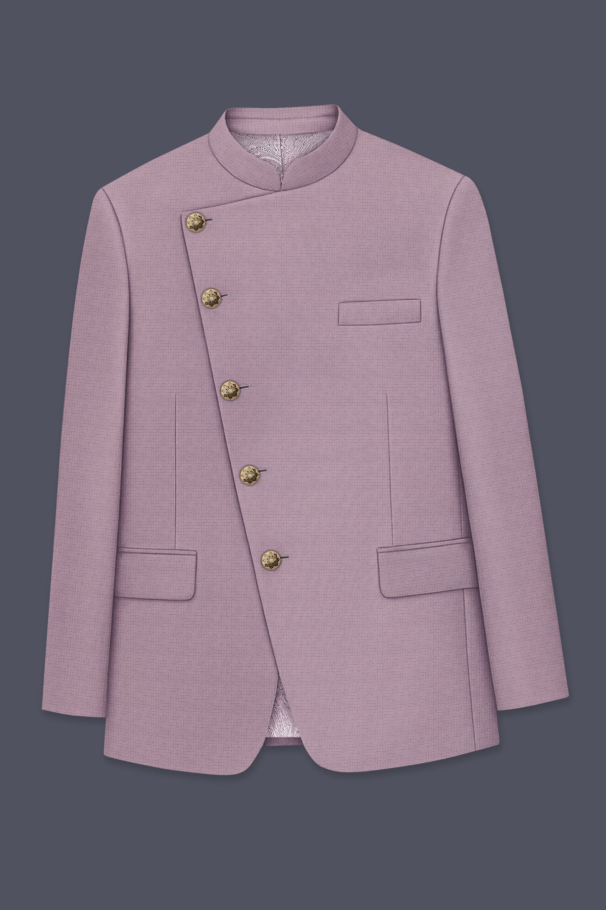 Regalia-Mountbatten Pink Diamond Textured Wool Rich Slight Stretch Cross Placket Bandhgala Blazer