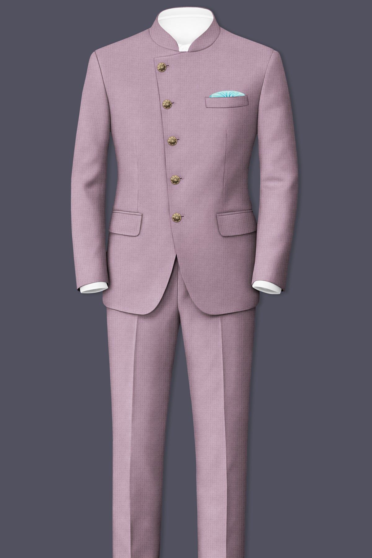 Regalia-Mountbatten Pink Diamond Textured Wool Rich Slight Stretch Cross Placket Bandhgala Blazer