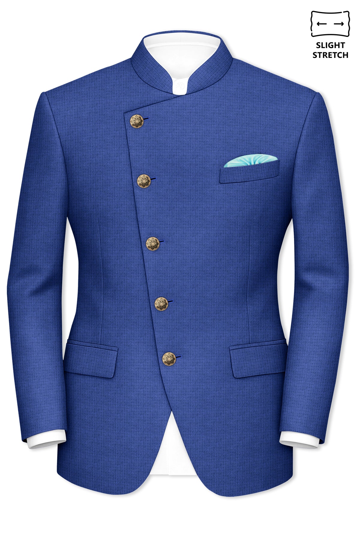 Aurelio-Chambray Blue Diamond Textured Wool Rich Slight Stretch Cross Placket Bandhgala Blazer