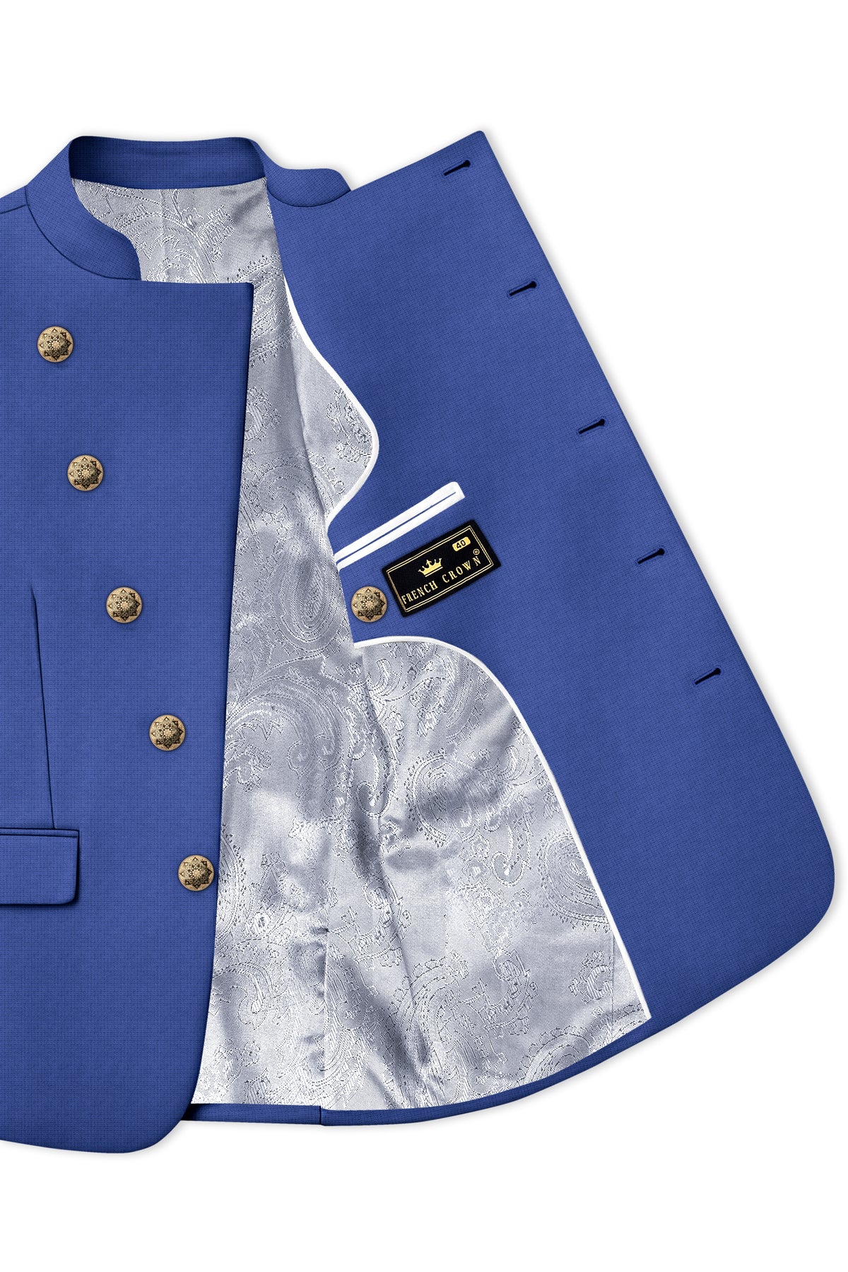 Aurelio-Chambray Blue Diamond Textured Wool Rich Slight Stretch Cross Placket Bandhgala Blazer