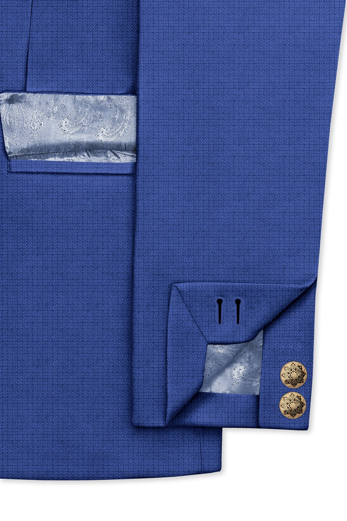 Aurelio-Chambray Blue Diamond Textured Wool Rich Slight Stretch Cross Placket Bandhgala Blazer