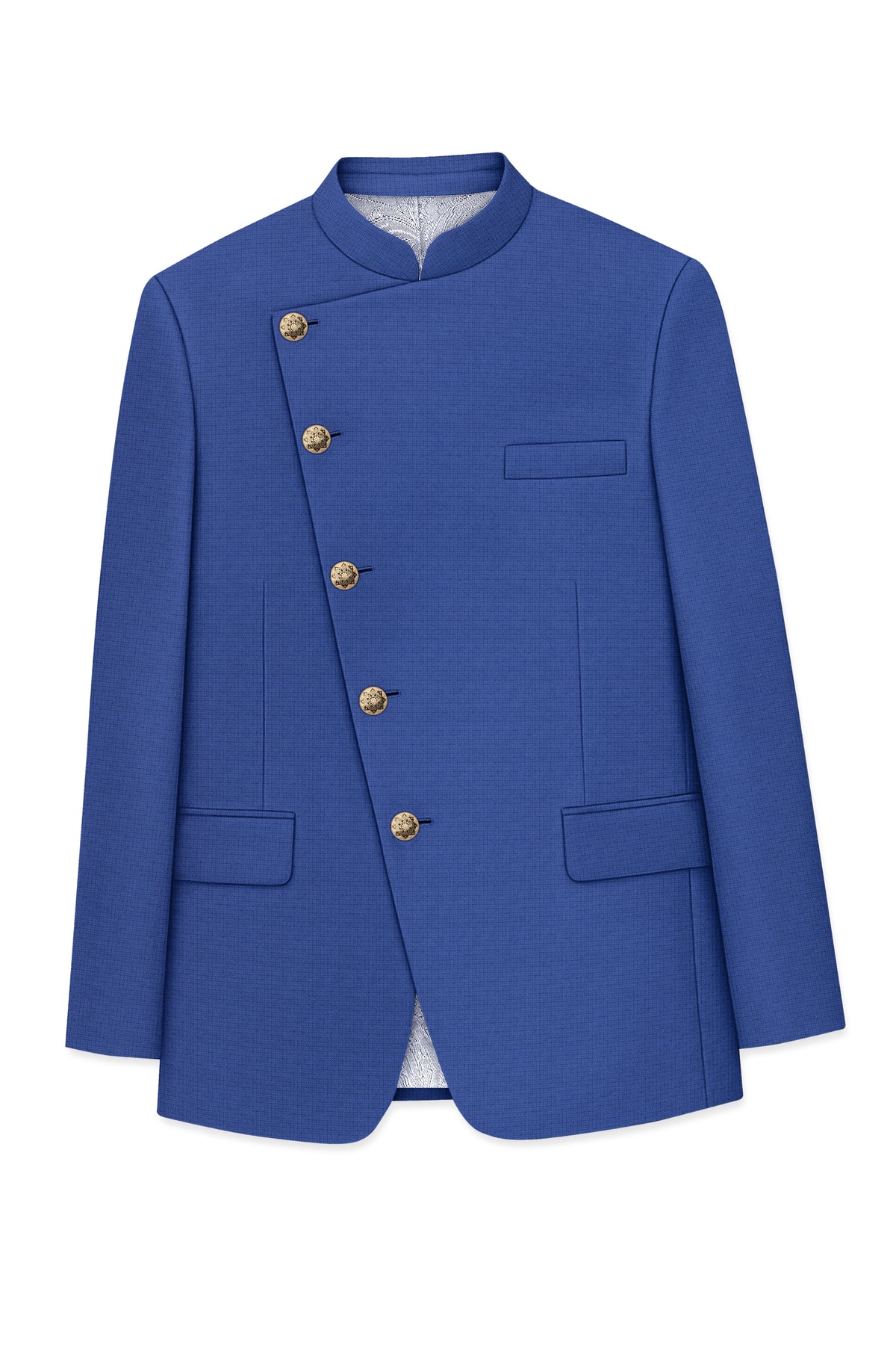Aurelio-Chambray Blue Diamond Textured Wool Rich Slight Stretch Cross Placket Bandhgala Blazer