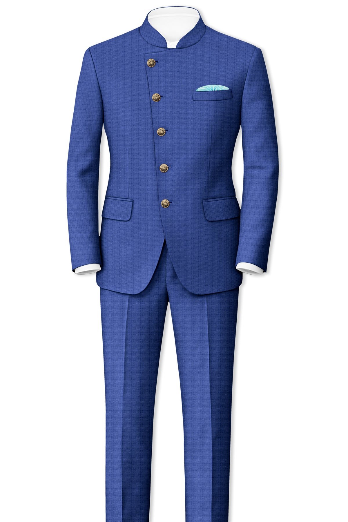 Aurelio-Chambray Blue Diamond Textured Wool Rich Slight Stretch Cross Placket Bandhgala Blazer