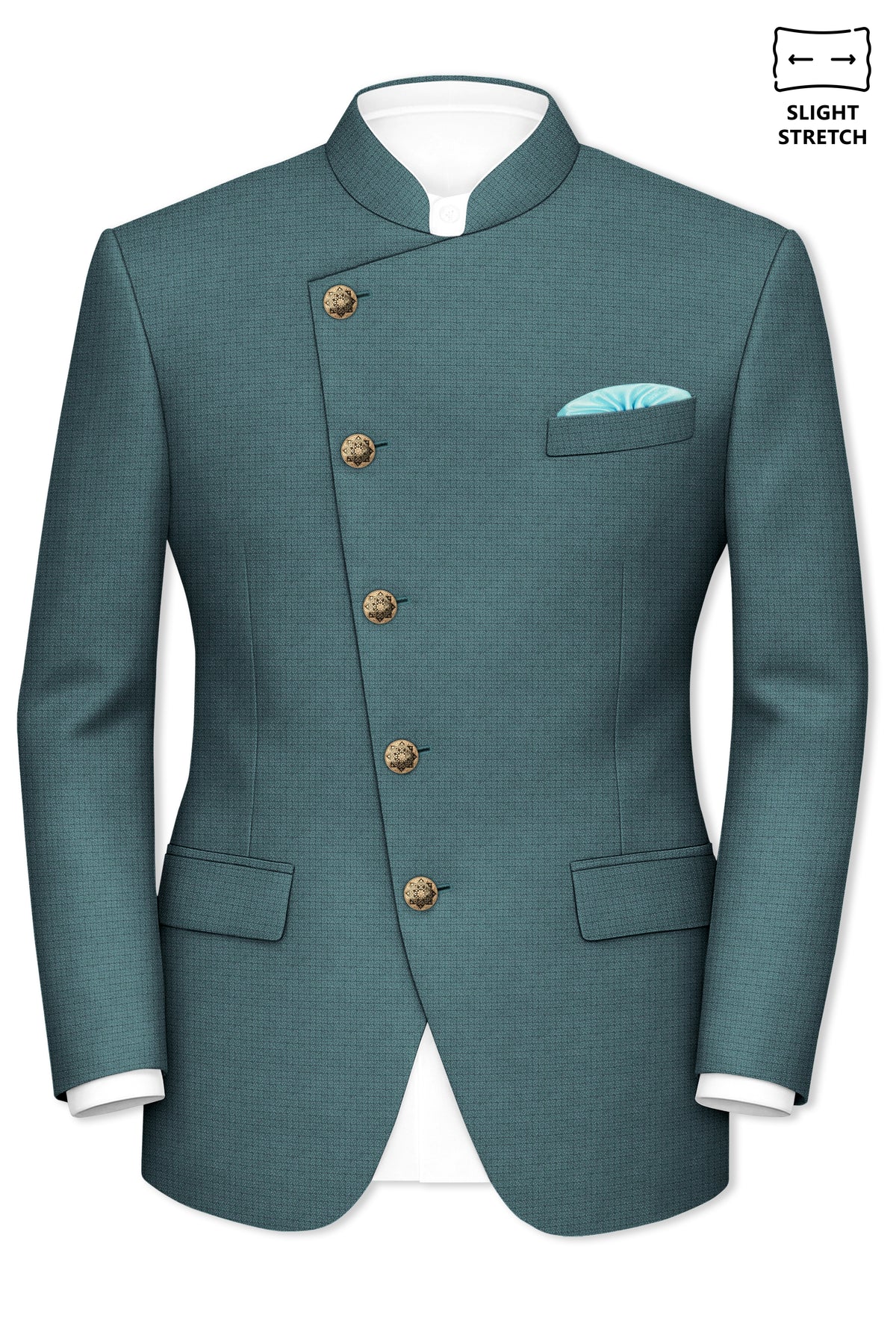 Viridian-Beetle Green Diamond Textured Wool Rich Slight Stretch Cross Placket Bandhgala Blazer