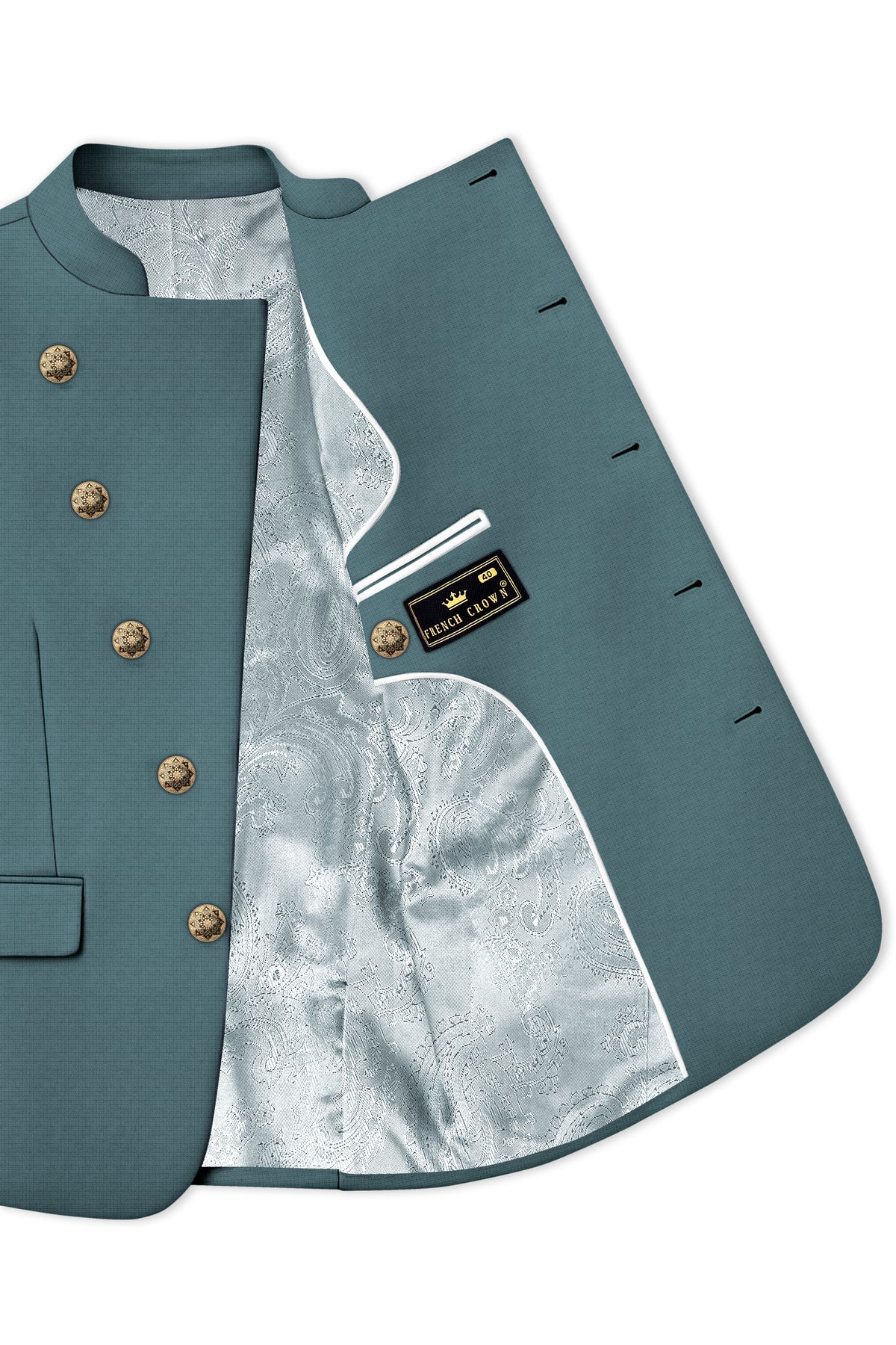 Viridian-Beetle Green Diamond Textured Wool Rich Slight Stretch Cross Placket Bandhgala Blazer