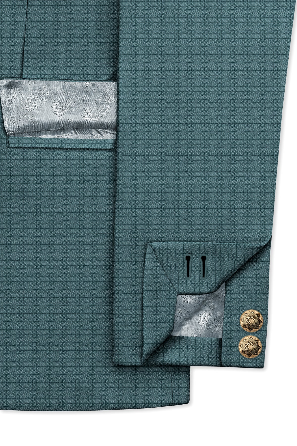 Viridian-Beetle Green Diamond Textured Wool Rich Slight Stretch Cross Placket Bandhgala Blazer