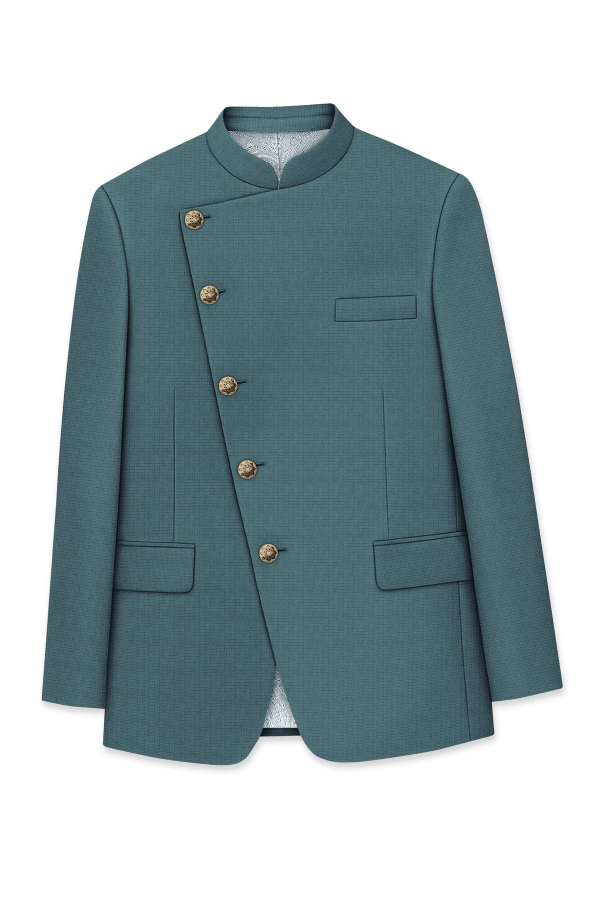 Viridian-Beetle Green Diamond Textured Wool Rich Slight Stretch Cross Placket Bandhgala Blazer