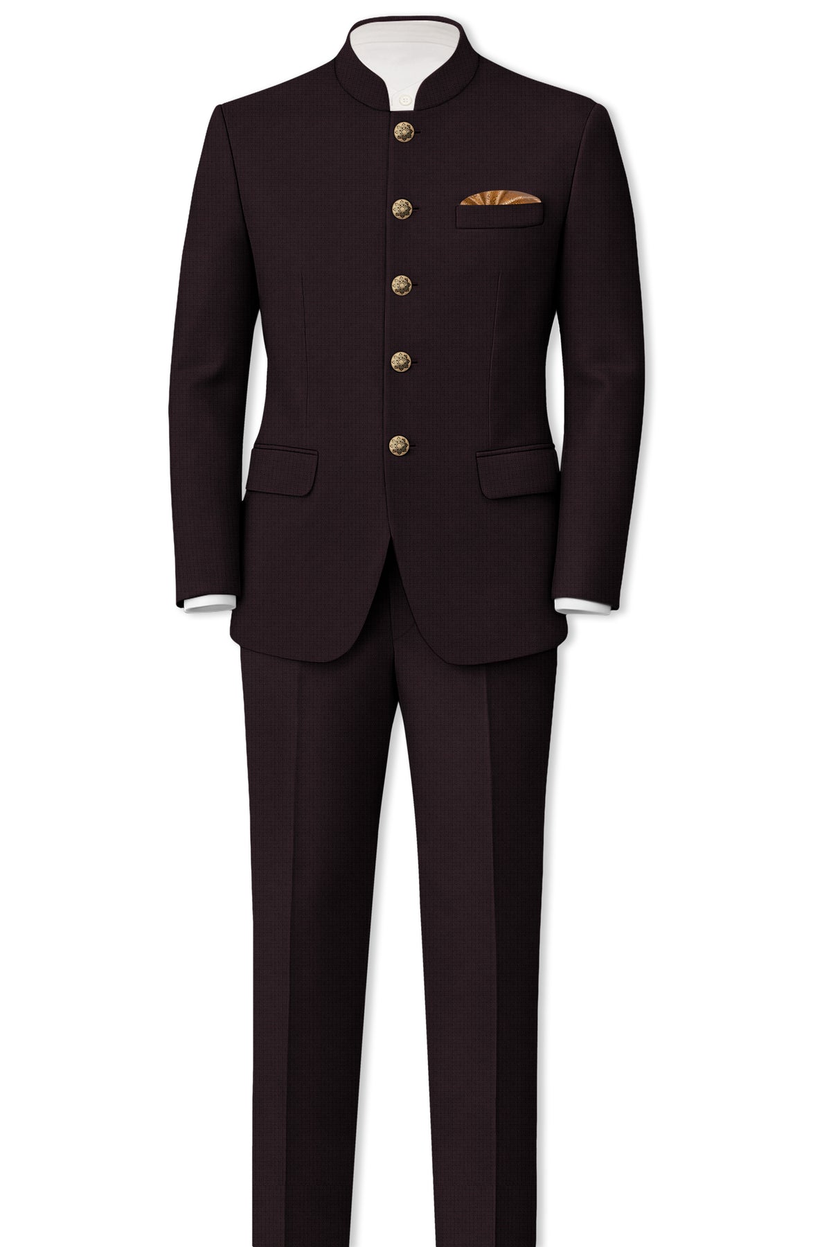 Regency-Cocoa Brown Diamond Textured Wool Rich Slight Stretch Bandhgala Blazer