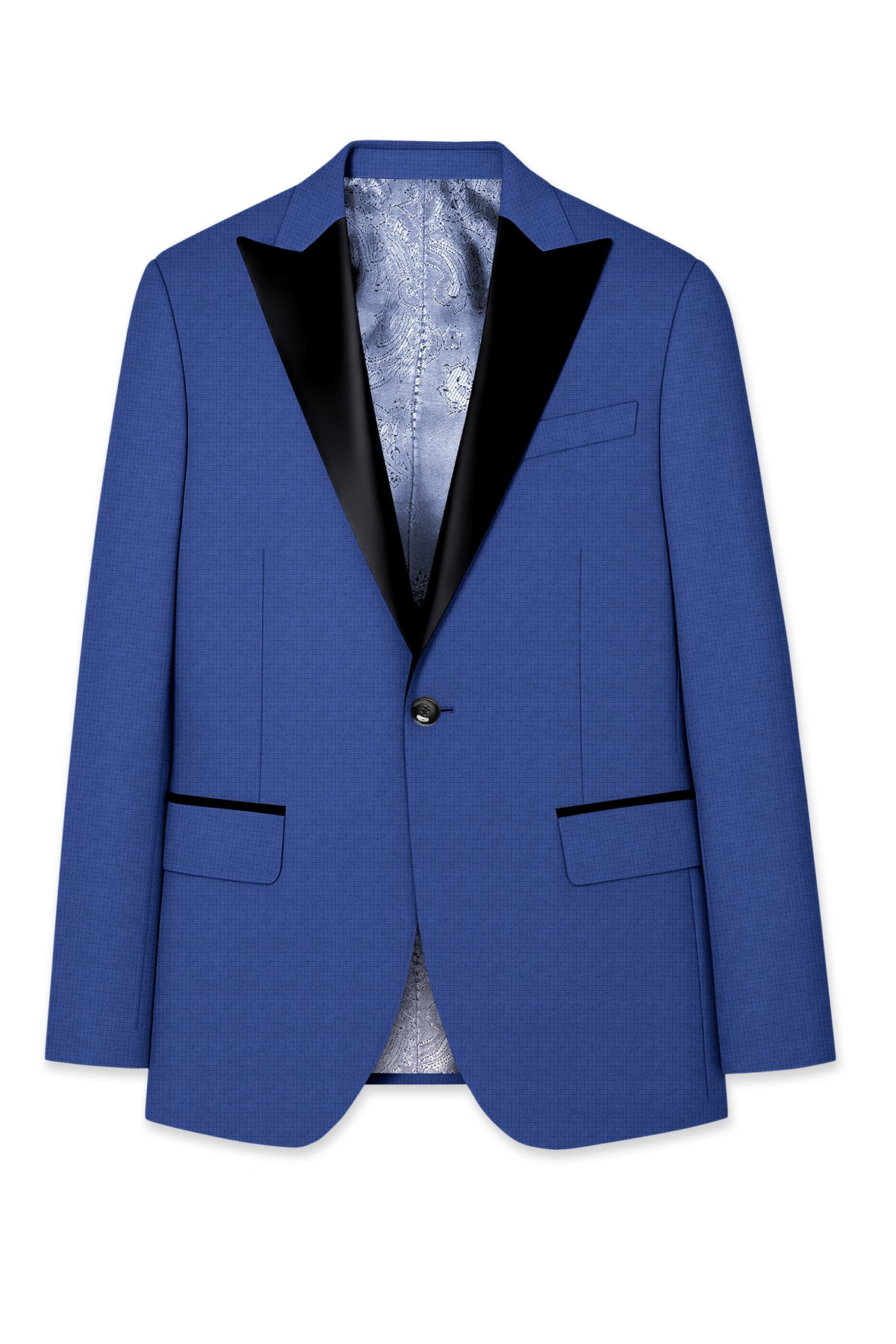Aurelio-Chambray Blue Diamond Textured Wool Rich Slight Stretch Peak Lapel Tuxedo Blazer