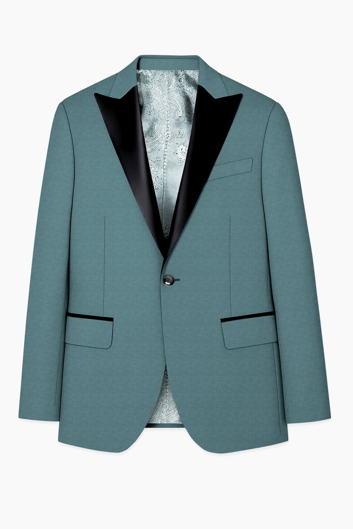 Viridian-Beetle Green Diamond Textured Wool Rich Slight Stretch Peak Lapel Tuxedo Blazer