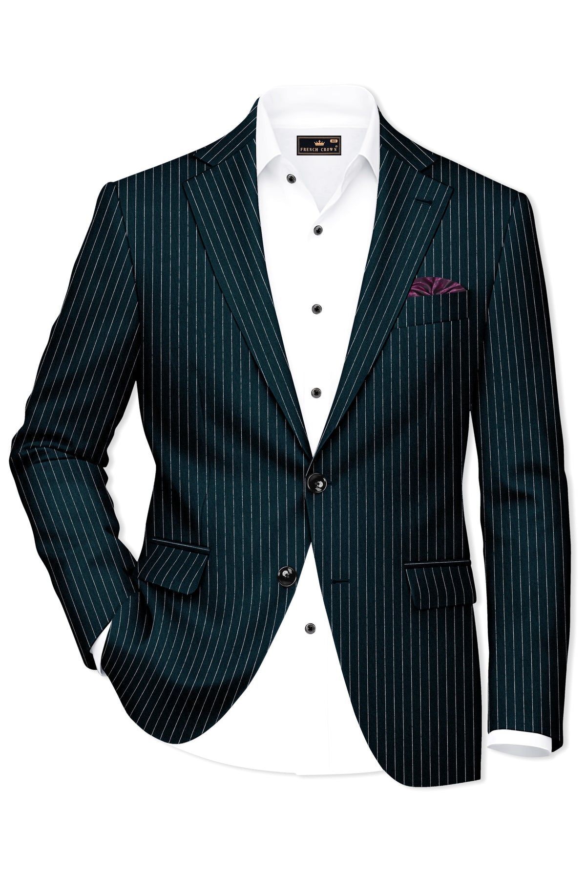 Zenith-Imperial Teal And Bright White Chalk Striped Wool Rich Wrinkle-Free Fluid Drape Fabric Single Breasted Blazer