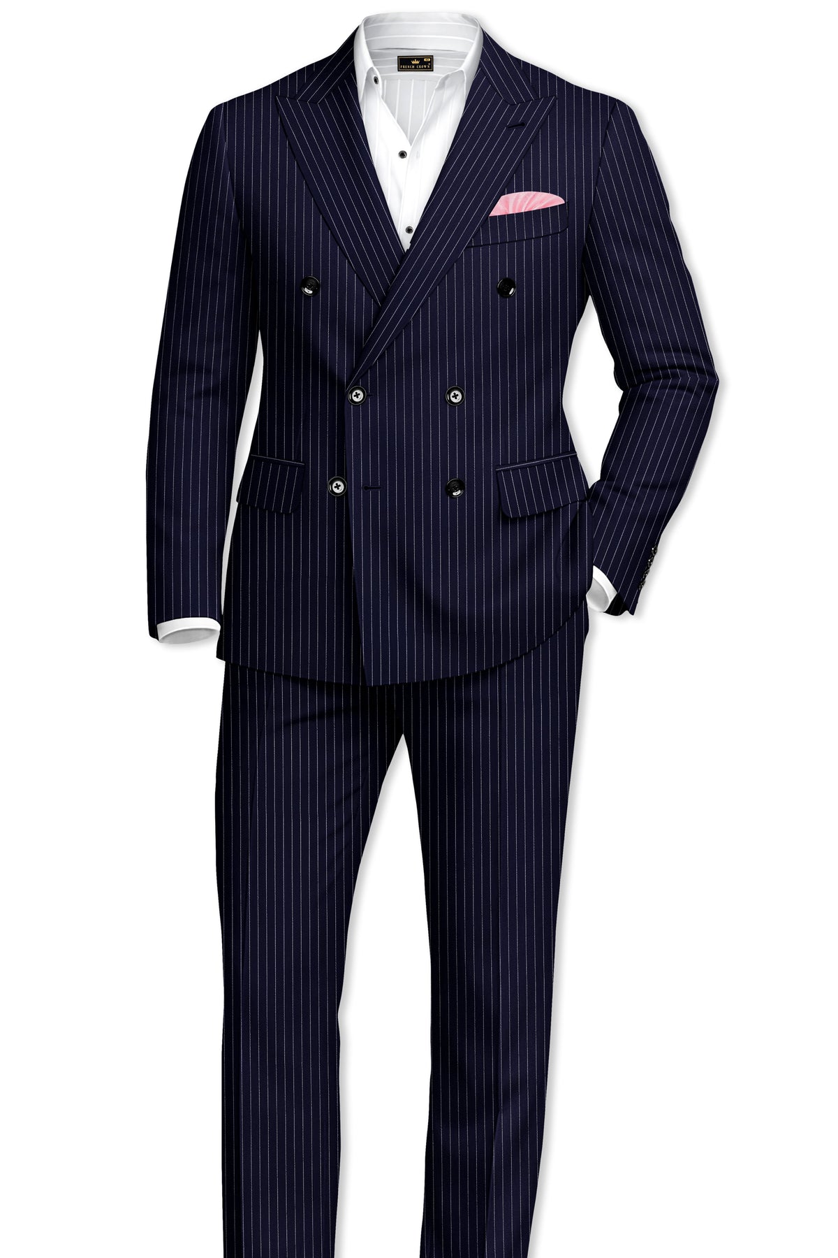 Mariner-Denim Blue And Bright White Chalk Striped Wool Rich Wrinkle-Free Fluid Drape Fabric Double Breasted Blazer