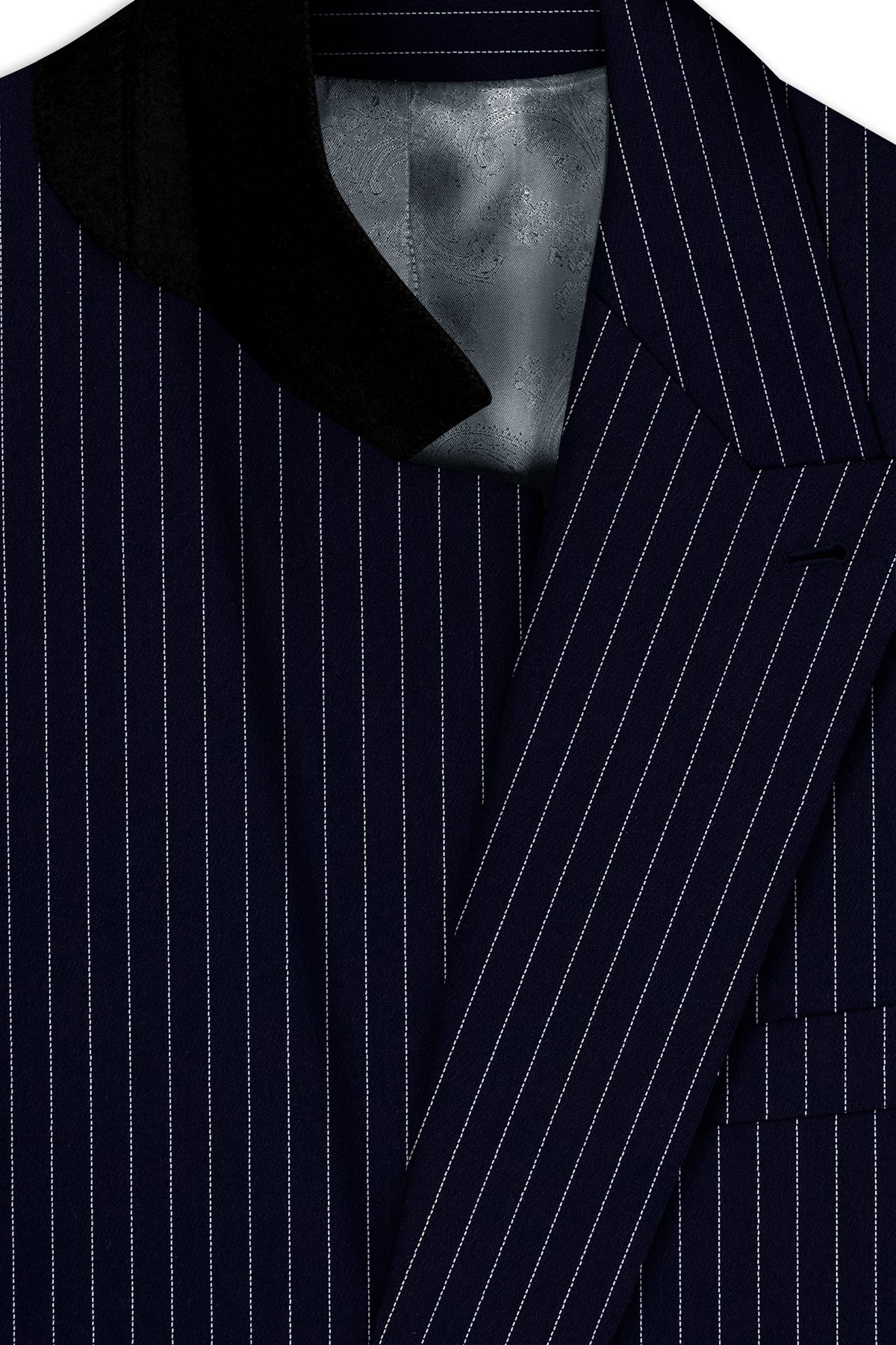 Mariner-Denim Blue And Bright White Chalk Striped Wool Rich Wrinkle-Free Fluid Drape Fabric Double Breasted Blazer