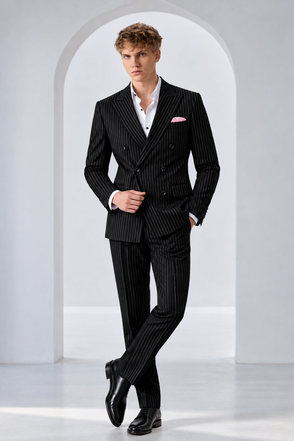 Gravitas-Jade Black And Bright White Chalk Striped Wool Rich Wrinkle-Free Fluid Drape Fabric Double Breasted Blazer