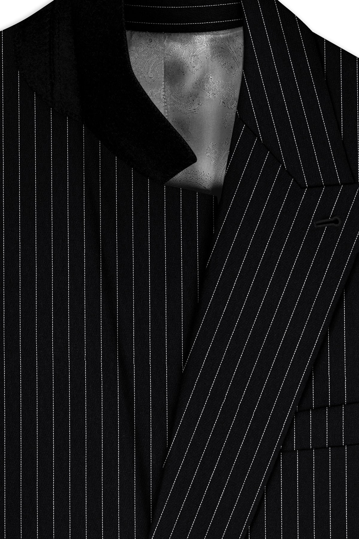 Gravitas-Jade Black And Bright White Chalk Striped Wool Rich Wrinkle-Free Fluid Drape Fabric Double Breasted Blazer