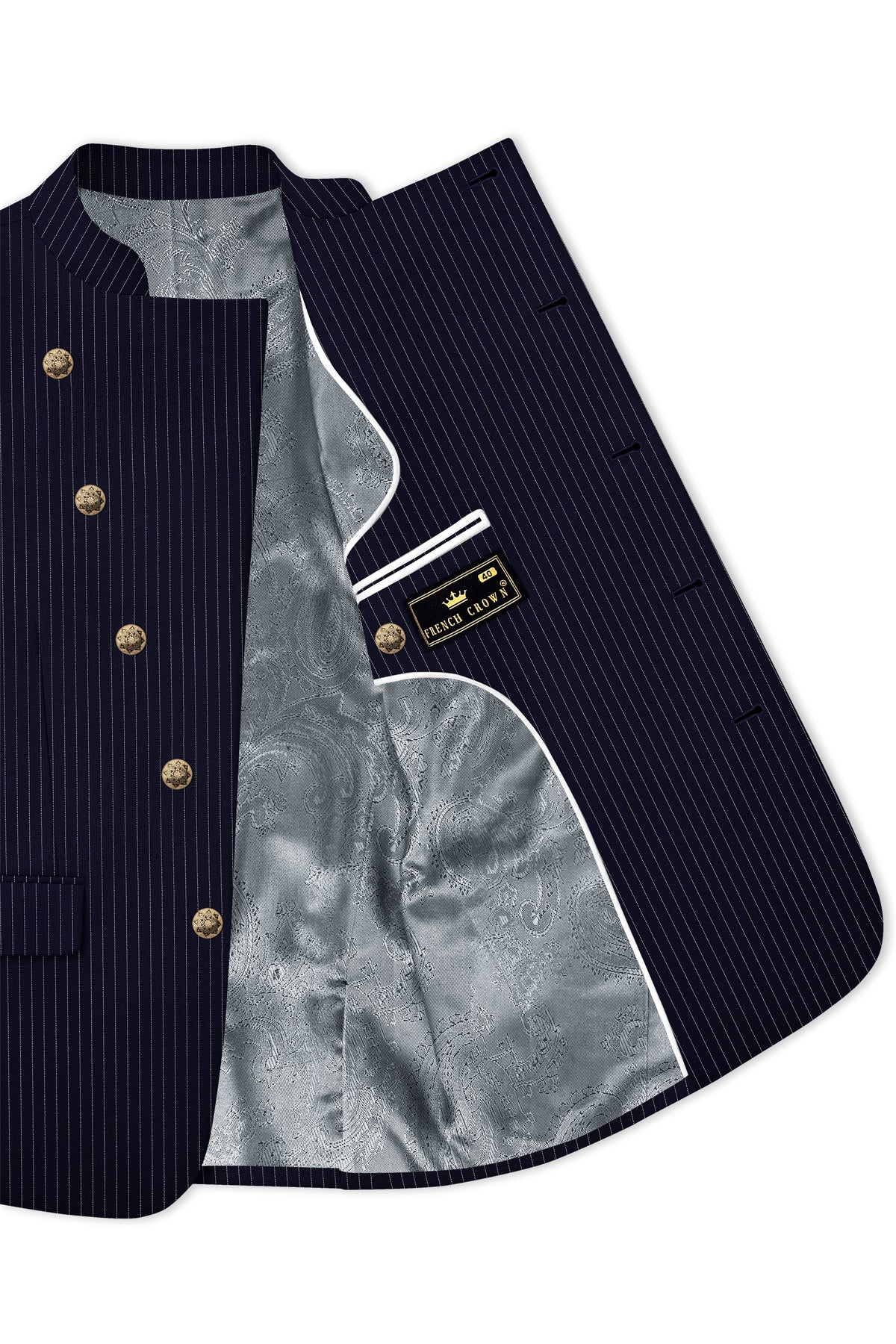 Mariner-Denim Blue And Bright White Chalk Striped Wool Rich Wrinkle-Free Fluid Drape Fabric Cross Placket Bandhgala Blazer