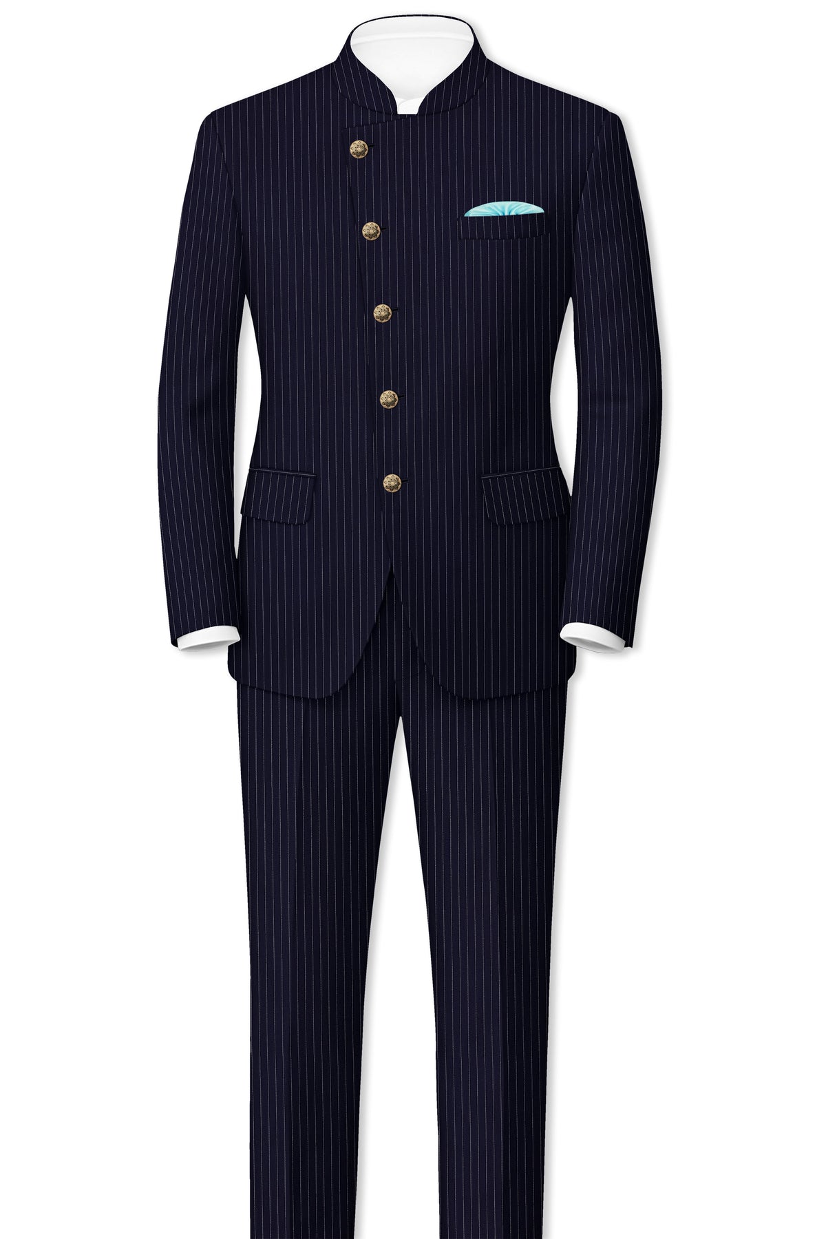 Mariner-Denim Blue And Bright White Chalk Striped Wool Rich Wrinkle-Free Fluid Drape Fabric Cross Placket Bandhgala Blazer