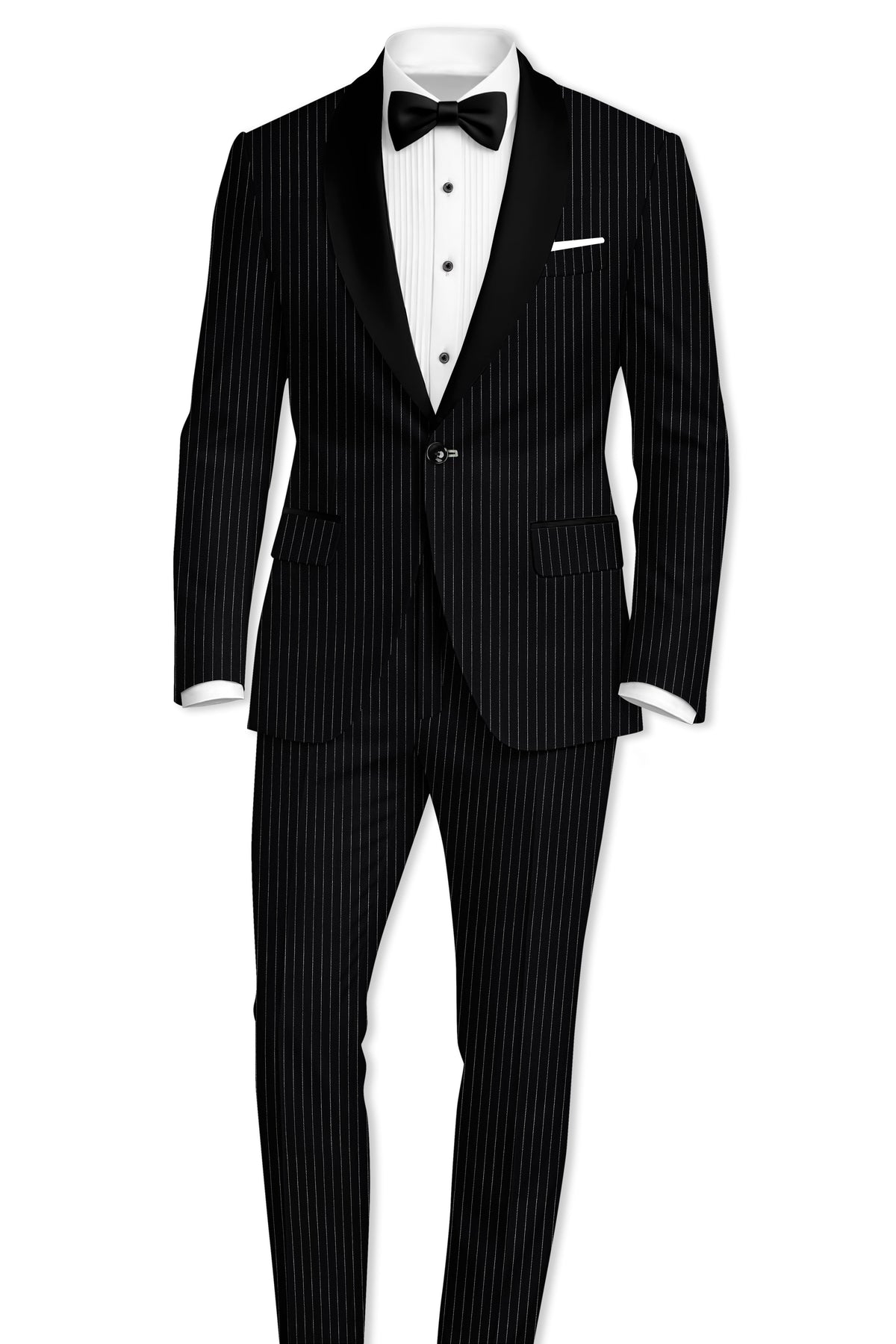 Gravitas-Jade Black And Bright White Chalk Striped Wool Rich Wrinkle-Free Fluid Drape Fabric Tuxedo Blazer