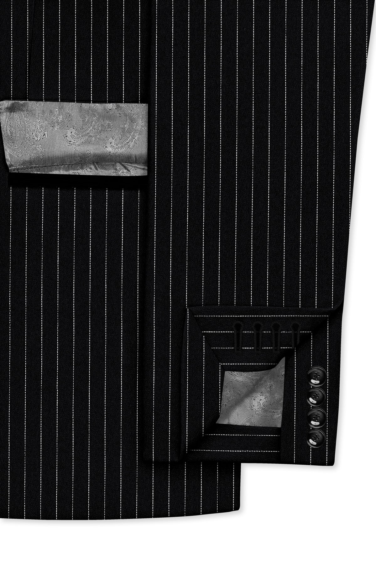 Gravitas-Jade Black And Bright White Chalk Striped Wool Rich Wrinkle-Free Fluid Drape Fabric Tuxedo Blazer