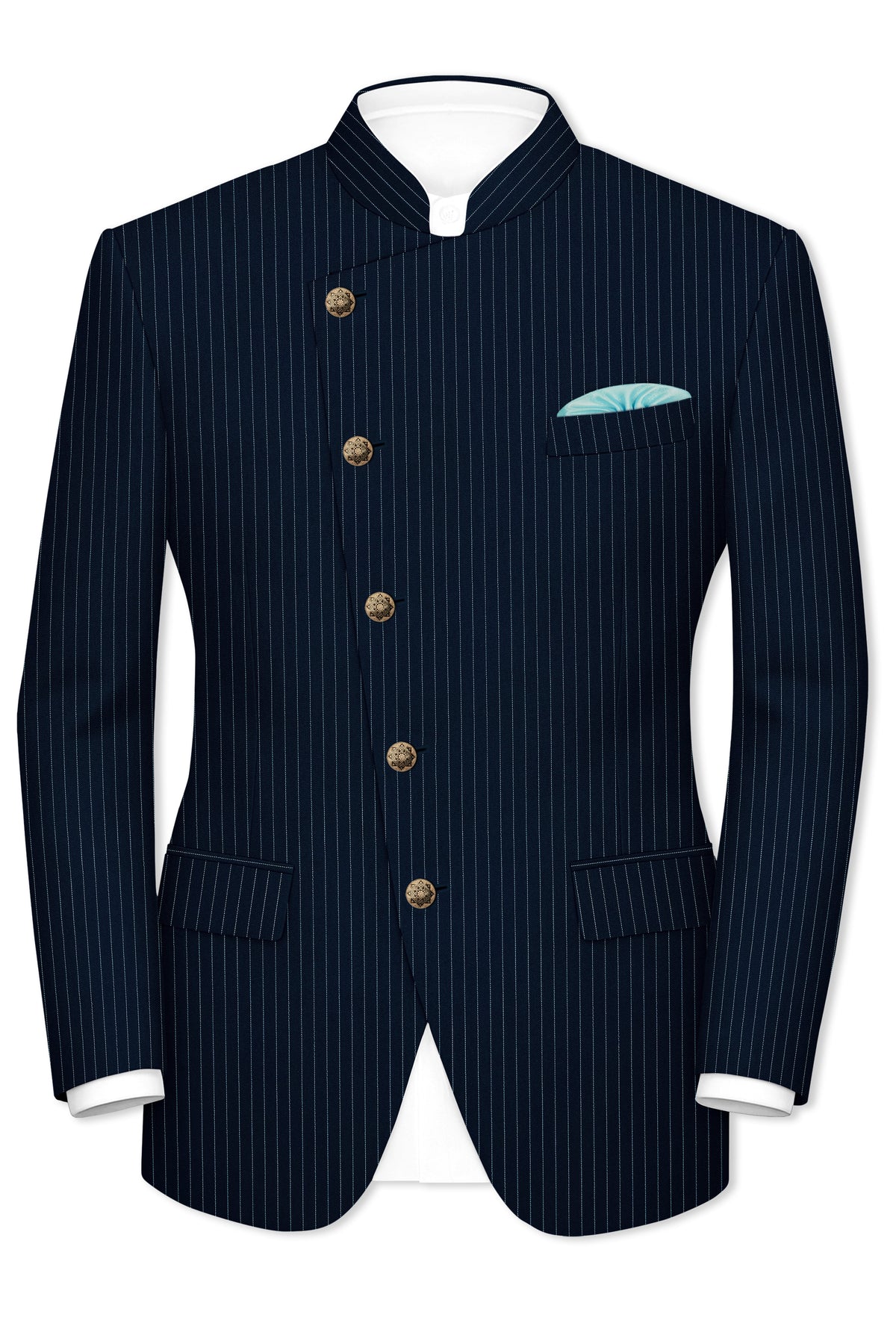Zenith-Imperial Teal Green And Bright White Chalk Striped Wool Rich Wrinkle-Free Fluid Drape Fabric Cross Placket Bandhgala Blazer