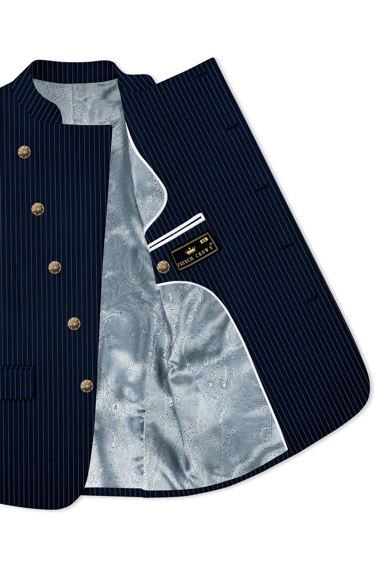 Zenith-Imperial Teal Green And Bright White Chalk Striped Wool Rich Wrinkle-Free Fluid Drape Fabric Cross Placket Bandhgala Blazer