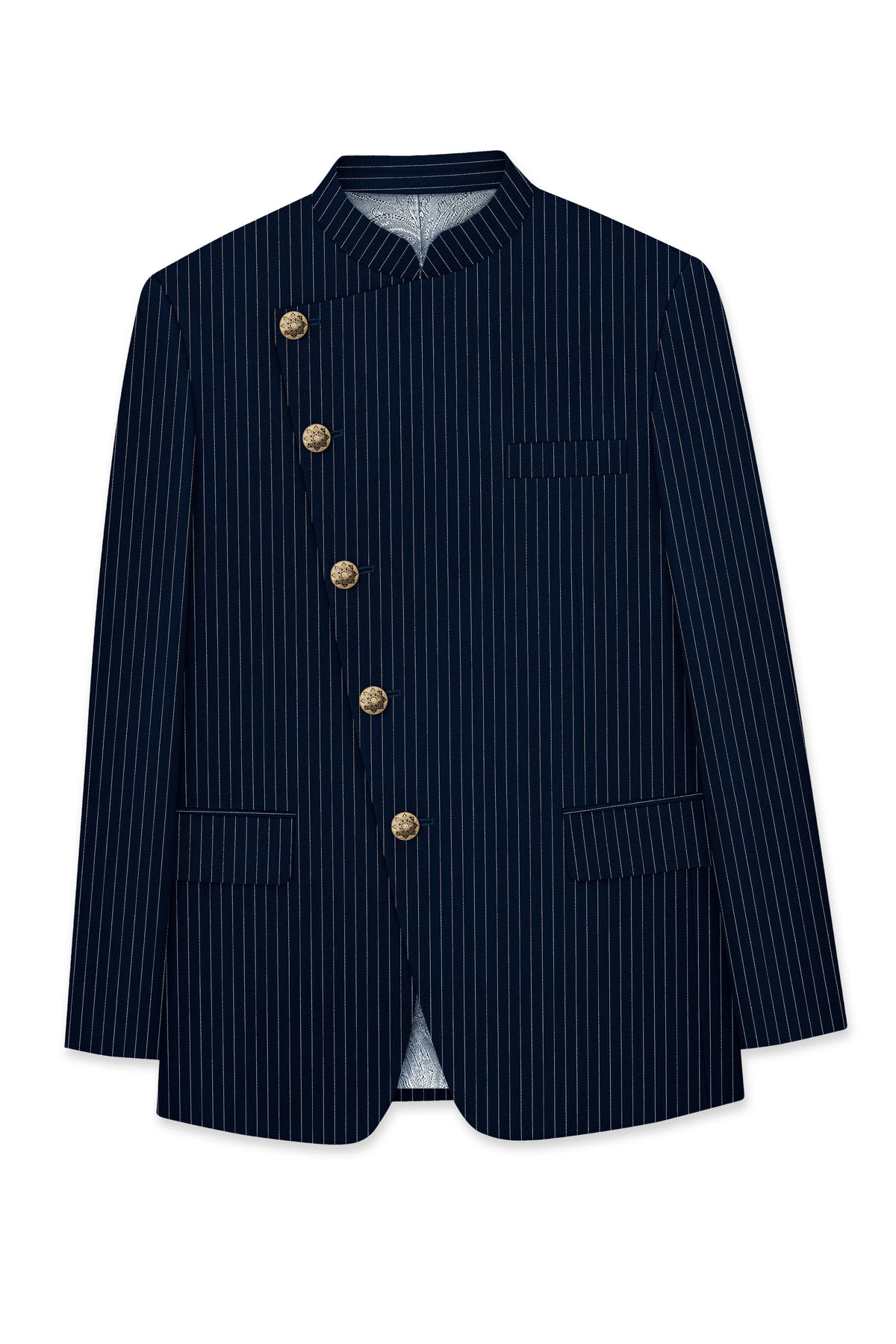 Zenith-Imperial Teal Green And Bright White Chalk Striped Wool Rich Wrinkle-Free Fluid Drape Fabric Cross Placket Bandhgala Blazer