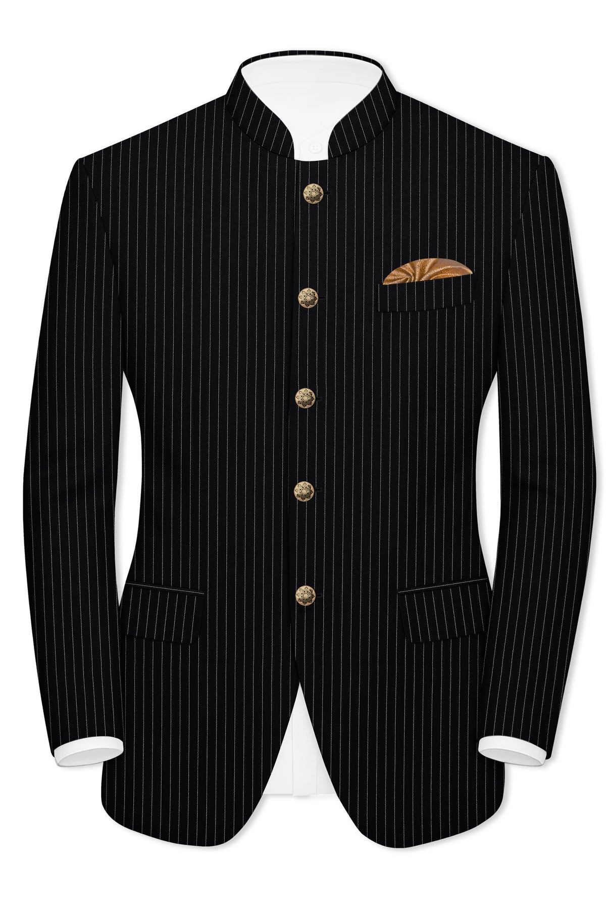 Gravitas-Jade Black And Bright White Chalk Striped Wool Rich Wrinkle-Free Fluid Drape Fabric Bandhgala Blazer