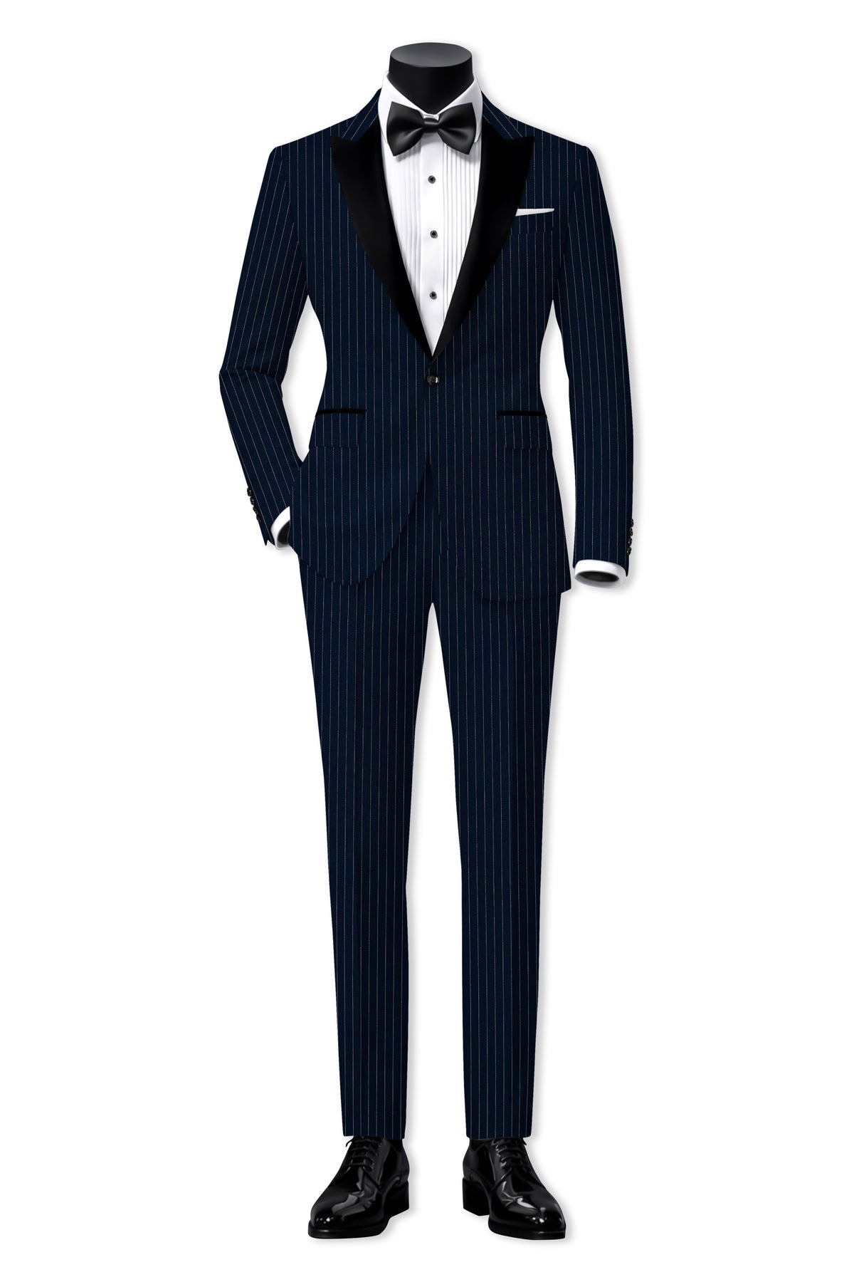 Zenith-Imperial Teal Green And Bright White Chalk Striped Wool Rich Wrinkle-Free Fluid Drape Fabric Peak Lapel Tuxedo Blazer