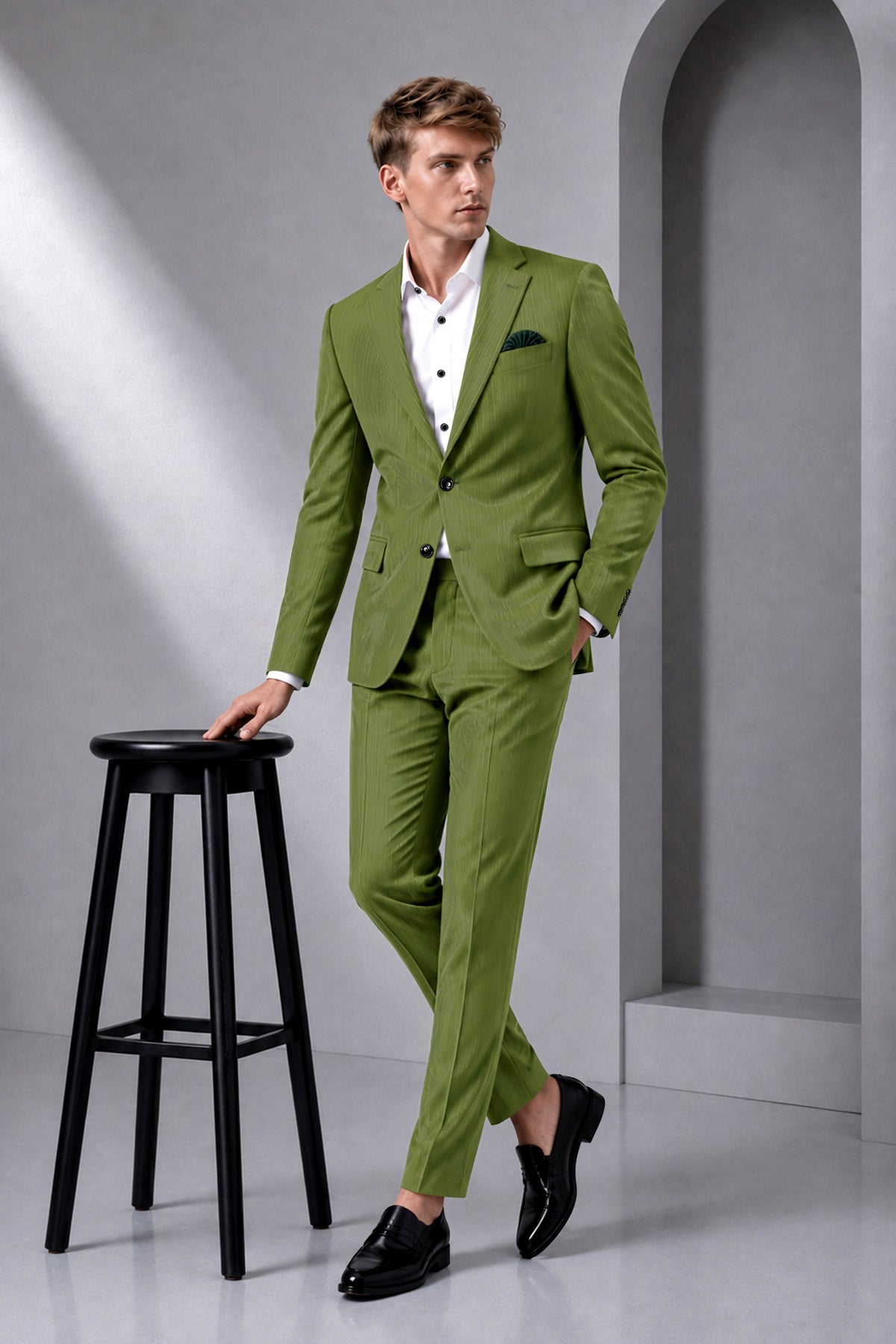 Hunter-Muddy Green Diamond Textured Wool Rich Slight Stretch Single Breasted Blazer