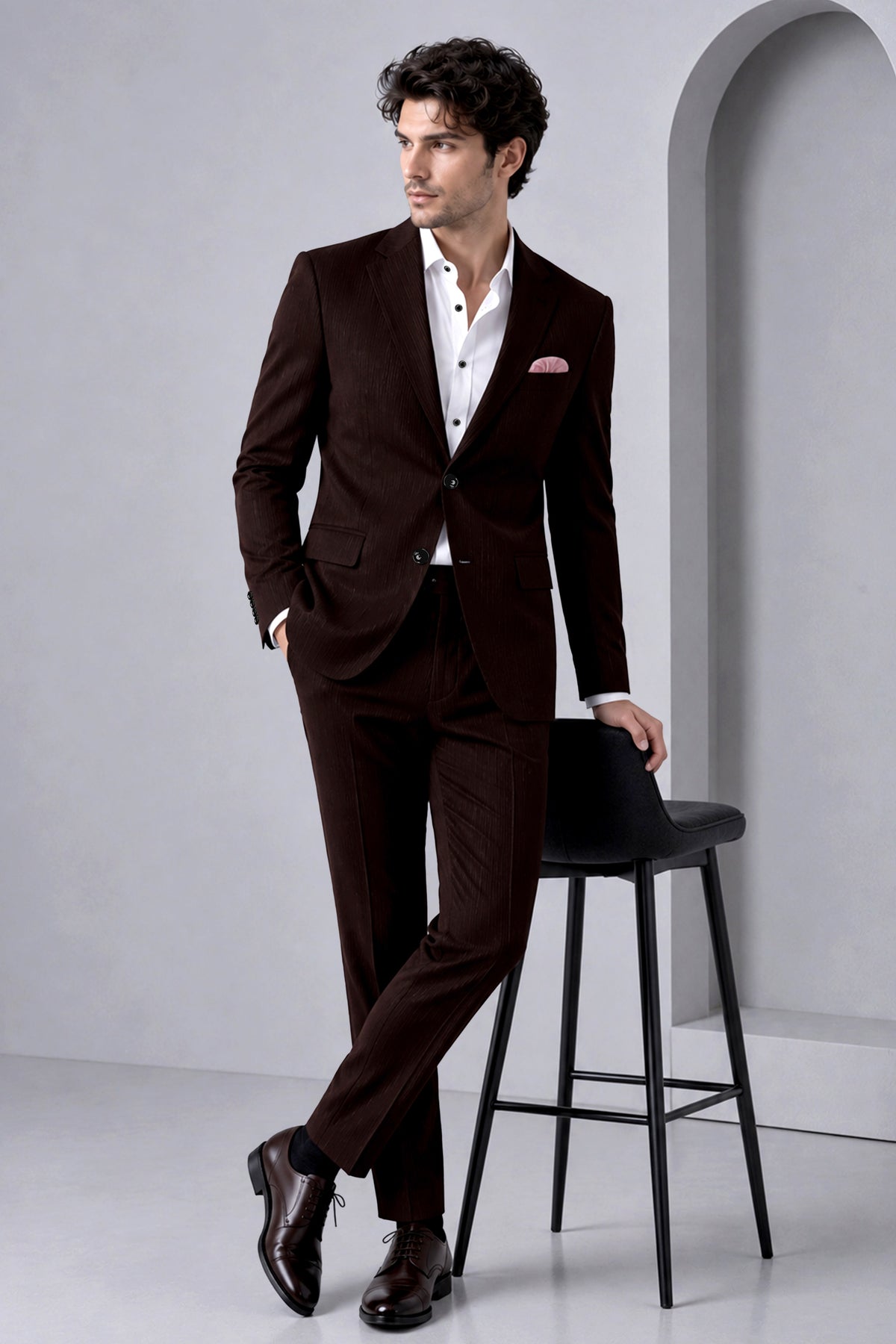 Terrano-Creole Brown Diamond Textured Wool Rich Slight Stretch Single Breasted Blazer