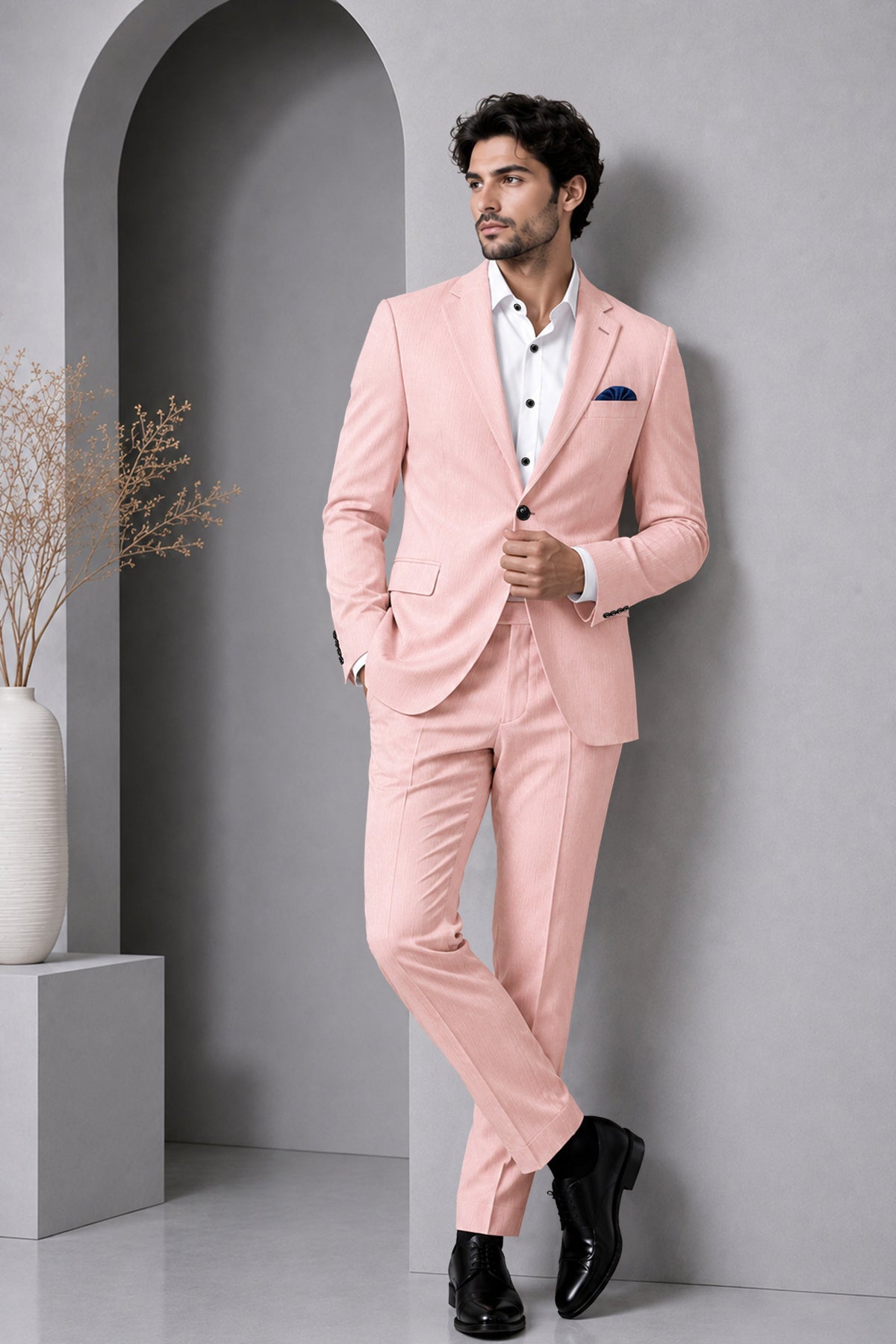Elara-Cosmos Pink Diamond Textured Wool Rich Slight Stretch Single Breasted Blazer