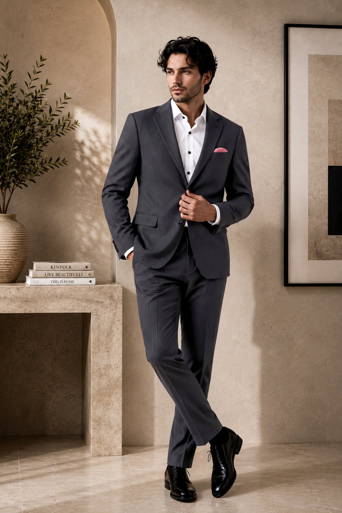 Axton-Baltic Sea Gray Diamond Textured Wool Rich Slight Stretch Single Breasted Blazer